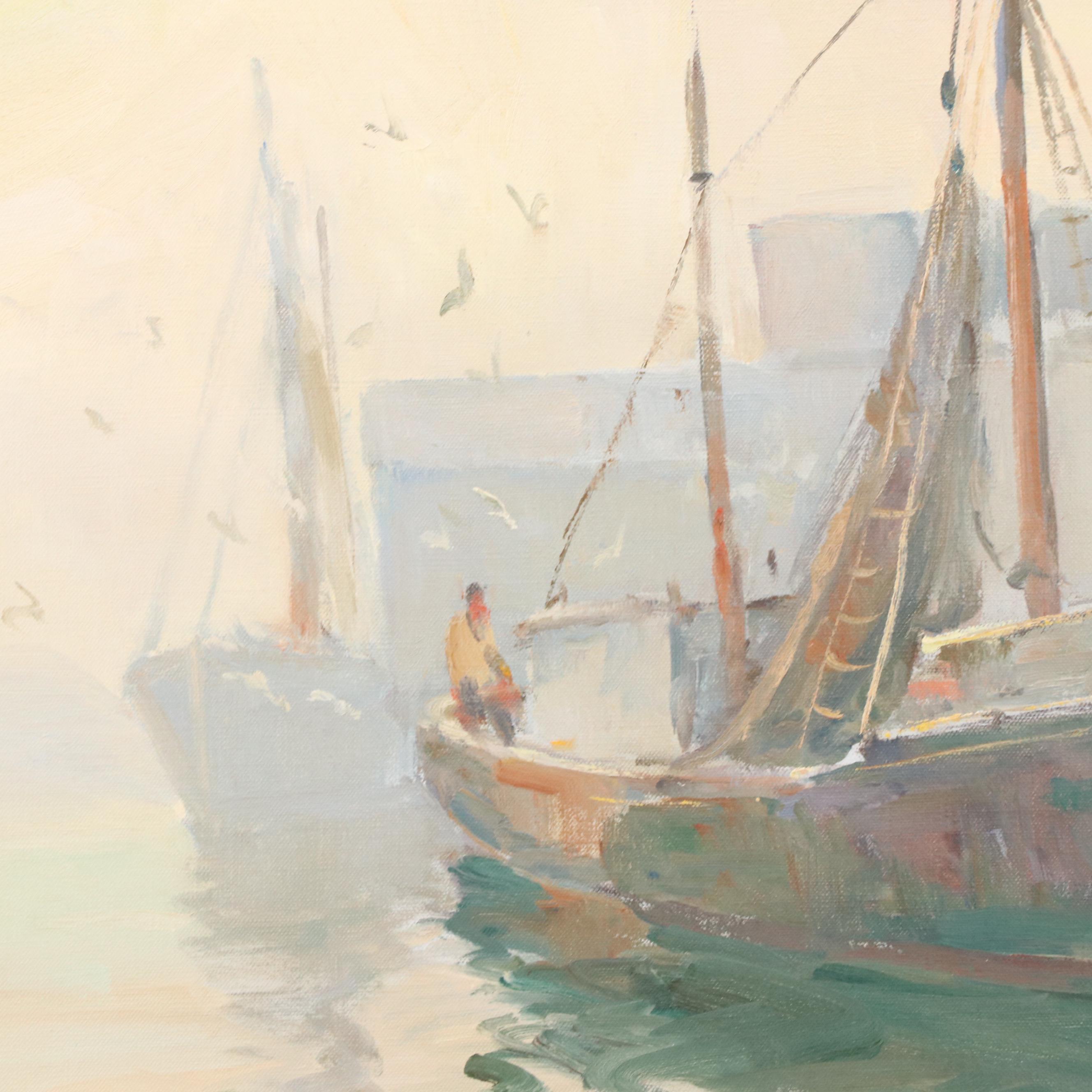 Claude Curry Bohm Maritime Oil Painting of Harbor Scene "The Silver Dawn"