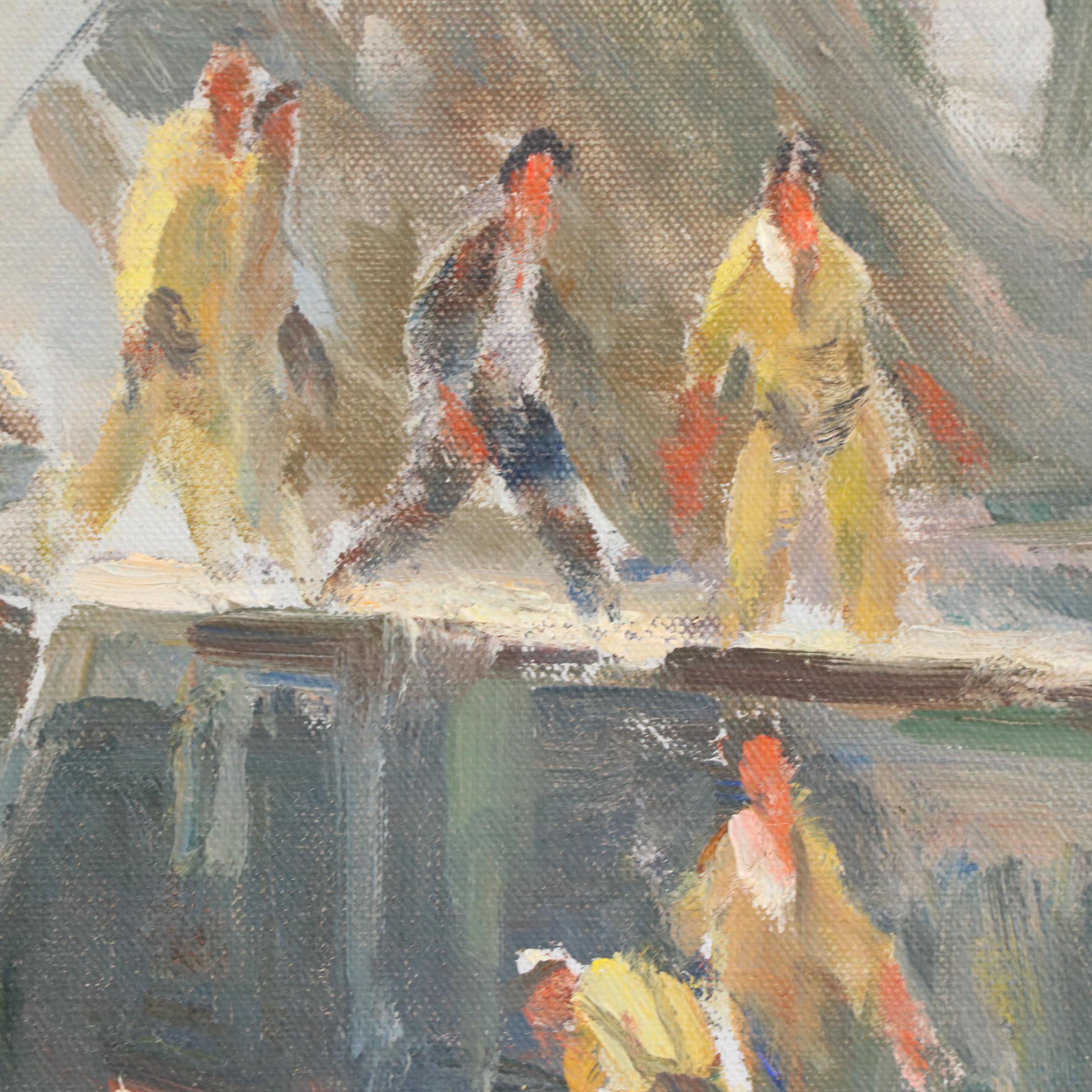 Claude Curry Bohm Maritime Oil Painting of Harbor Scene "The Silver Dawn"