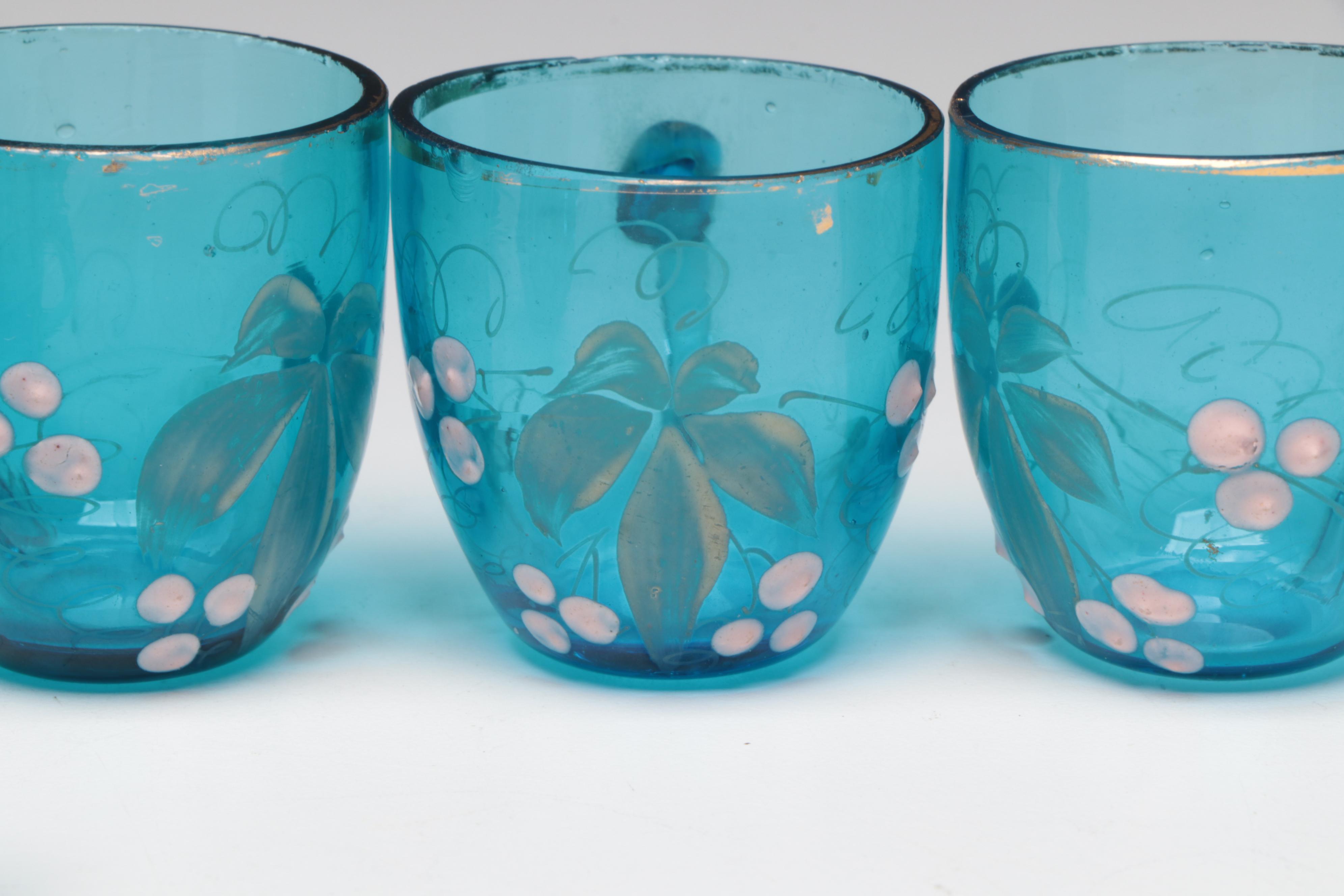 French Hand-Painted Blue Glass Barrel-Shaped Liquor Decanter Set with Stand