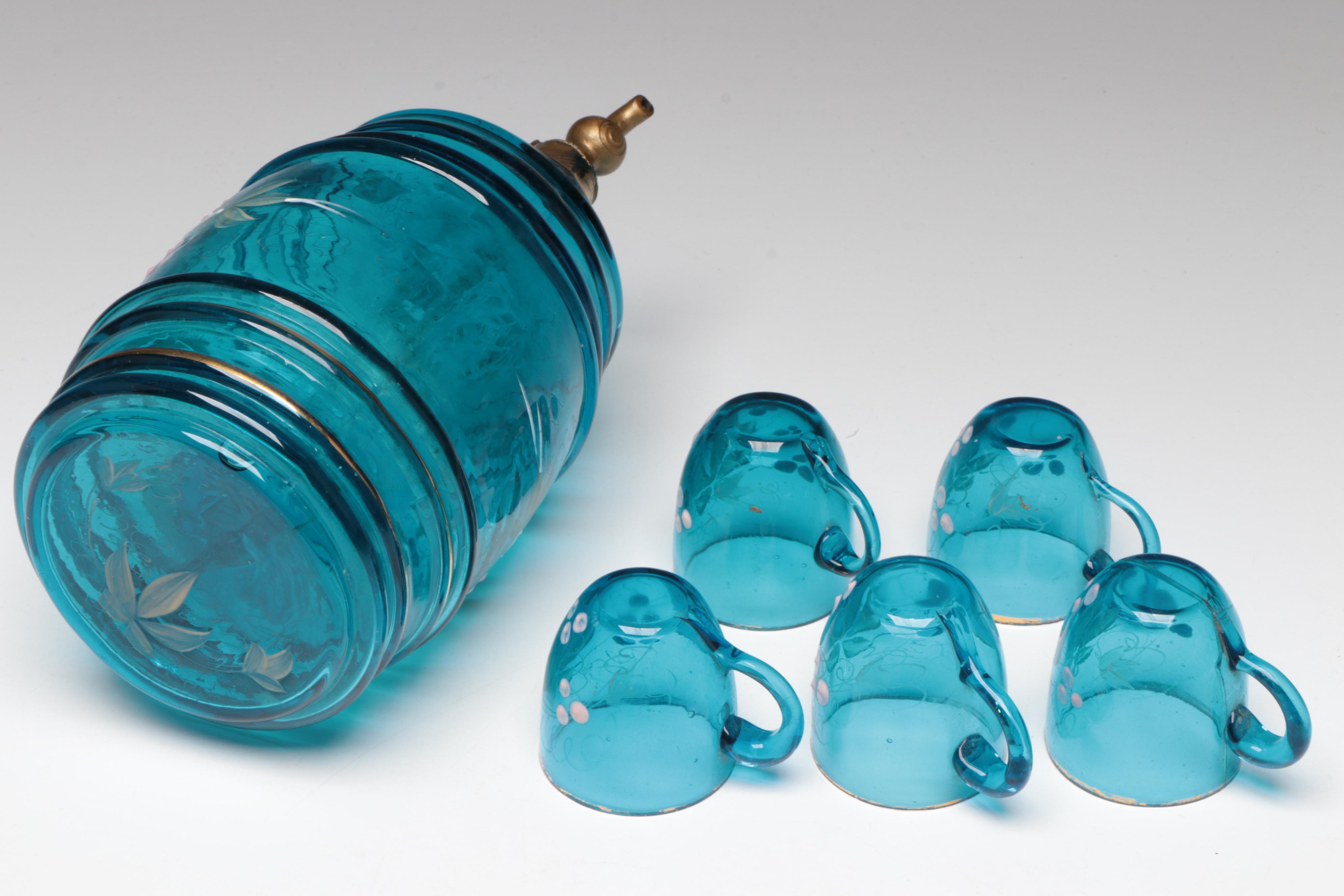 French Hand-Painted Blue Glass Barrel-Shaped Liquor Decanter Set with Stand