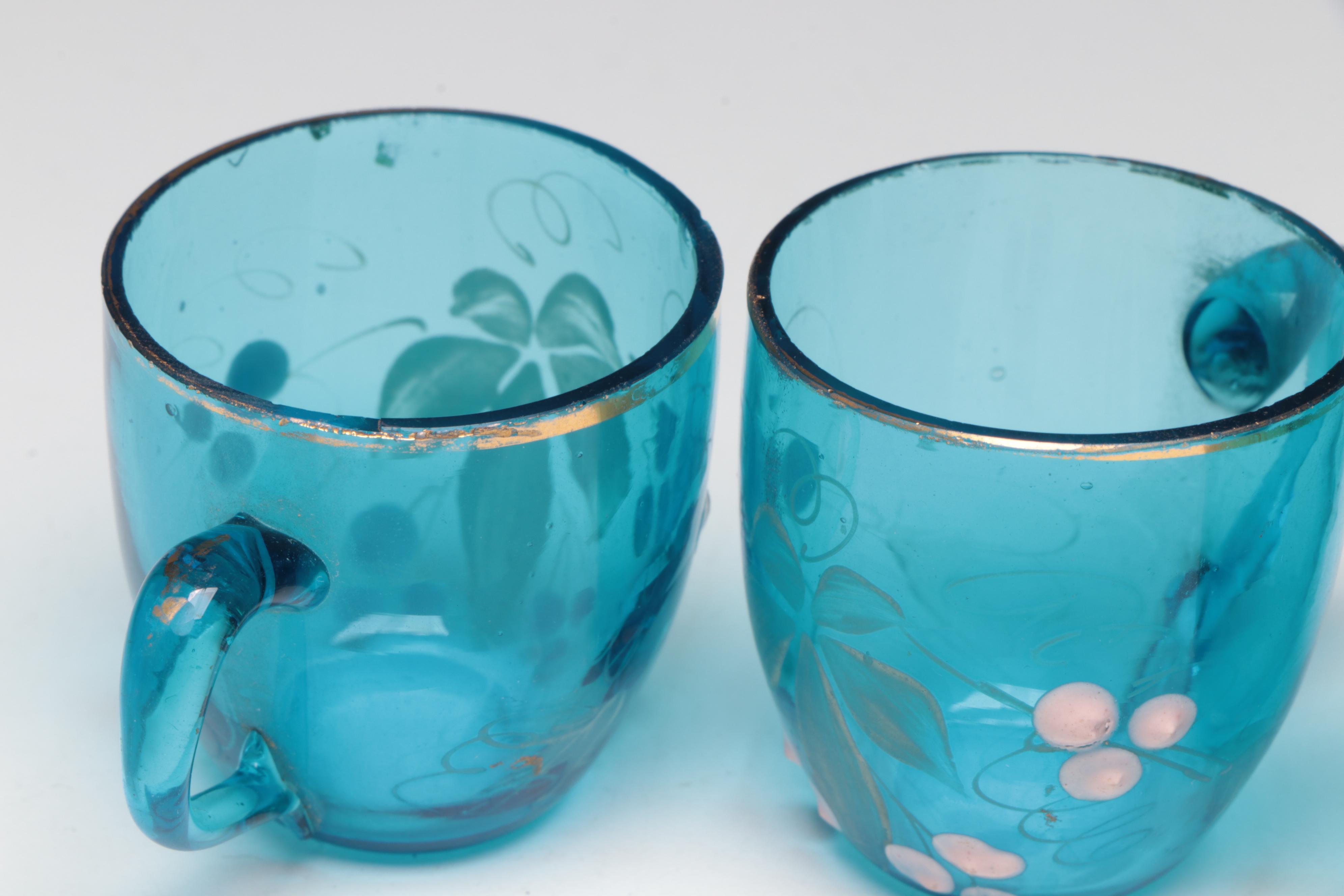 French Hand-Painted Blue Glass Barrel-Shaped Liquor Decanter Set with Stand