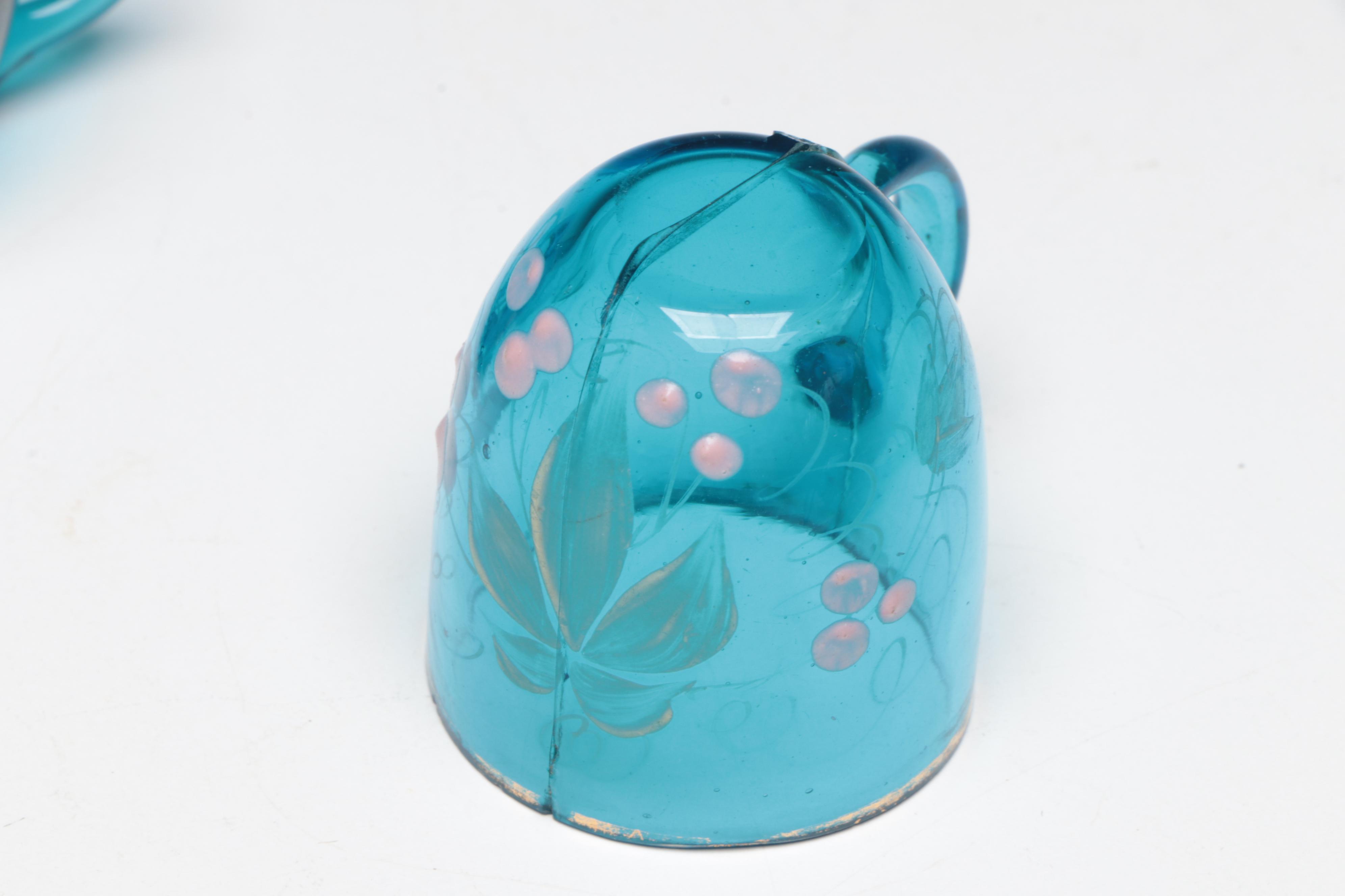 French Hand-Painted Blue Glass Barrel-Shaped Liquor Decanter Set with Stand