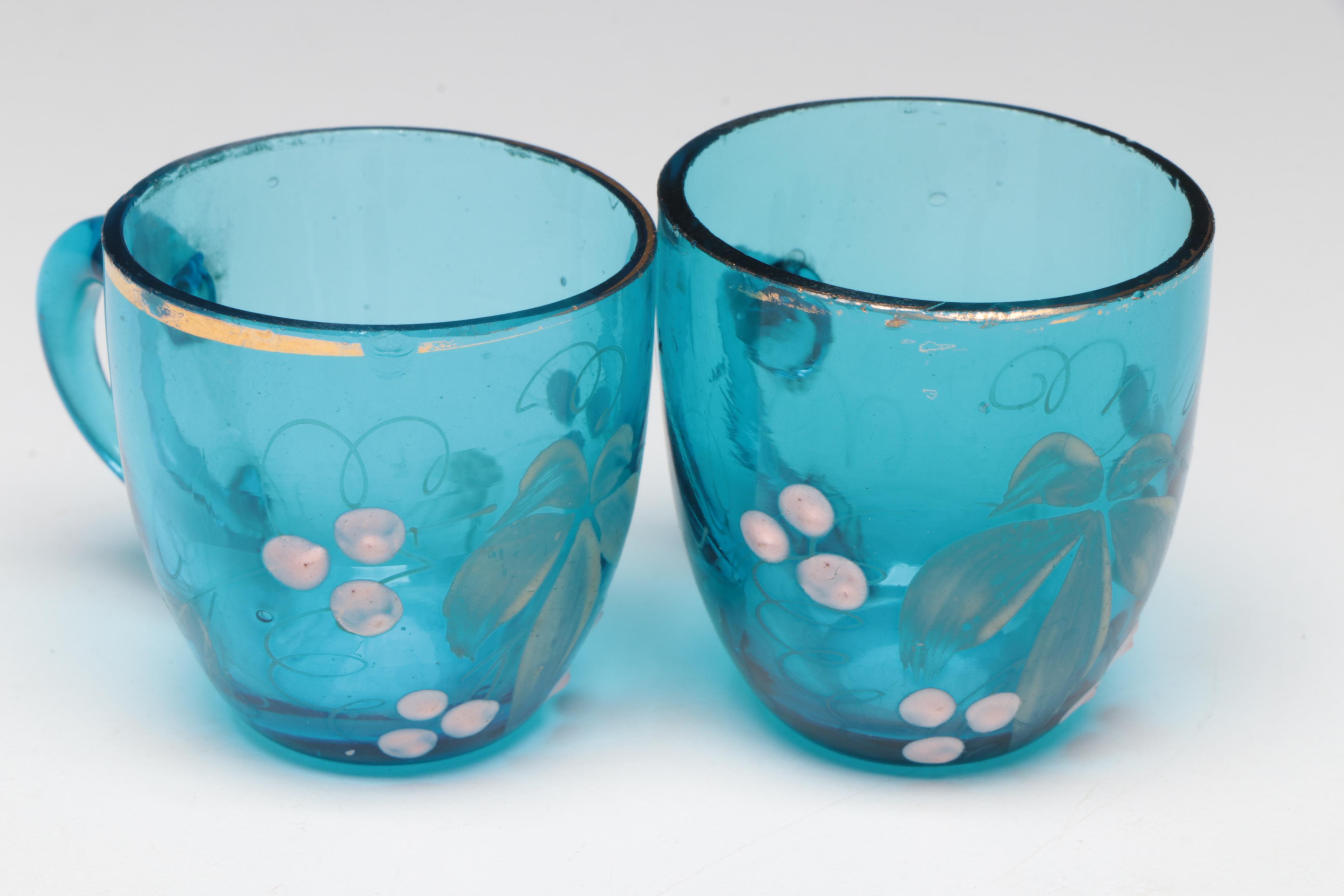 French Hand-Painted Blue Glass Barrel-Shaped Liquor Decanter Set with Stand