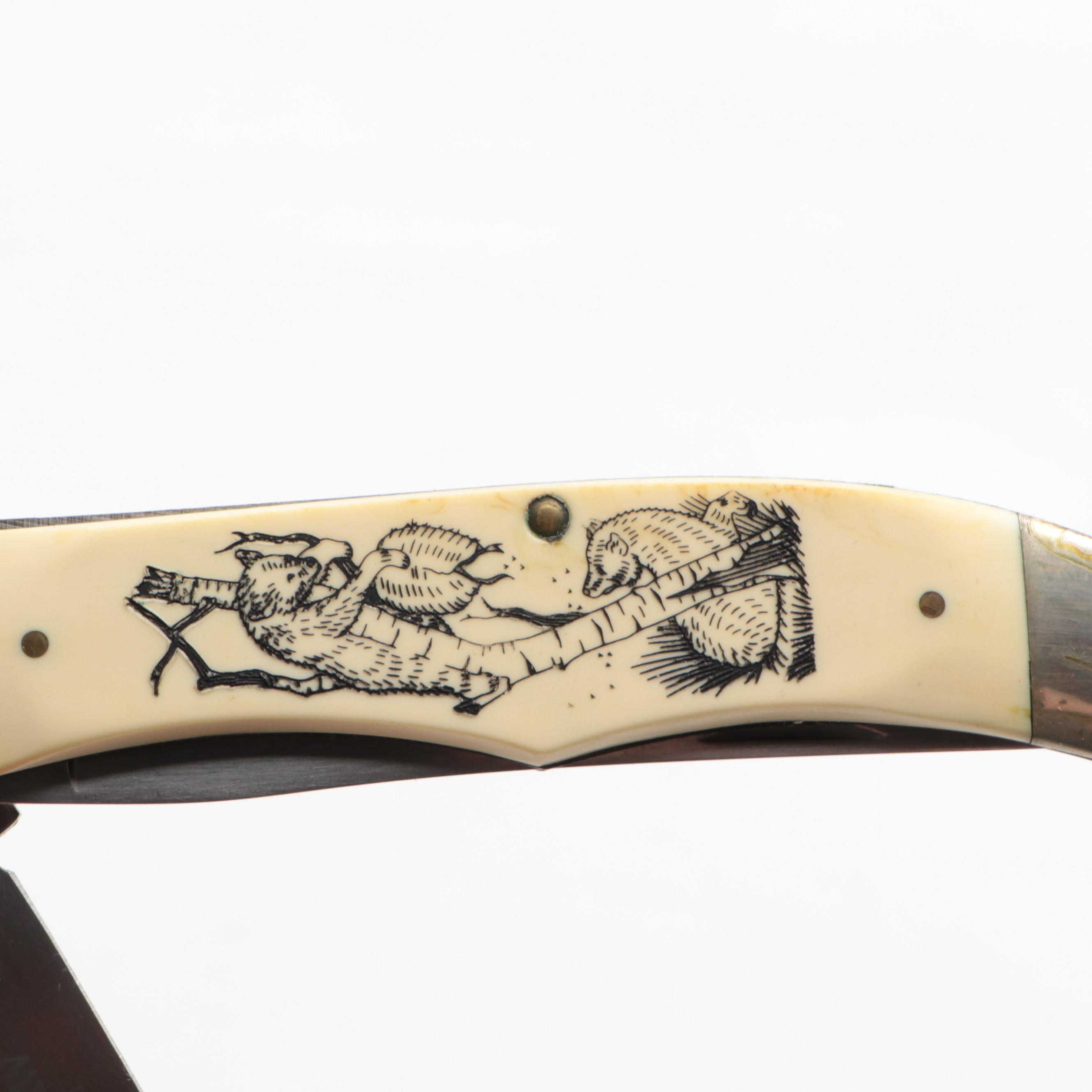 Parker-Frost "Bear Cub Scrimshaw" with More Folding Knives and Sharpening Stones