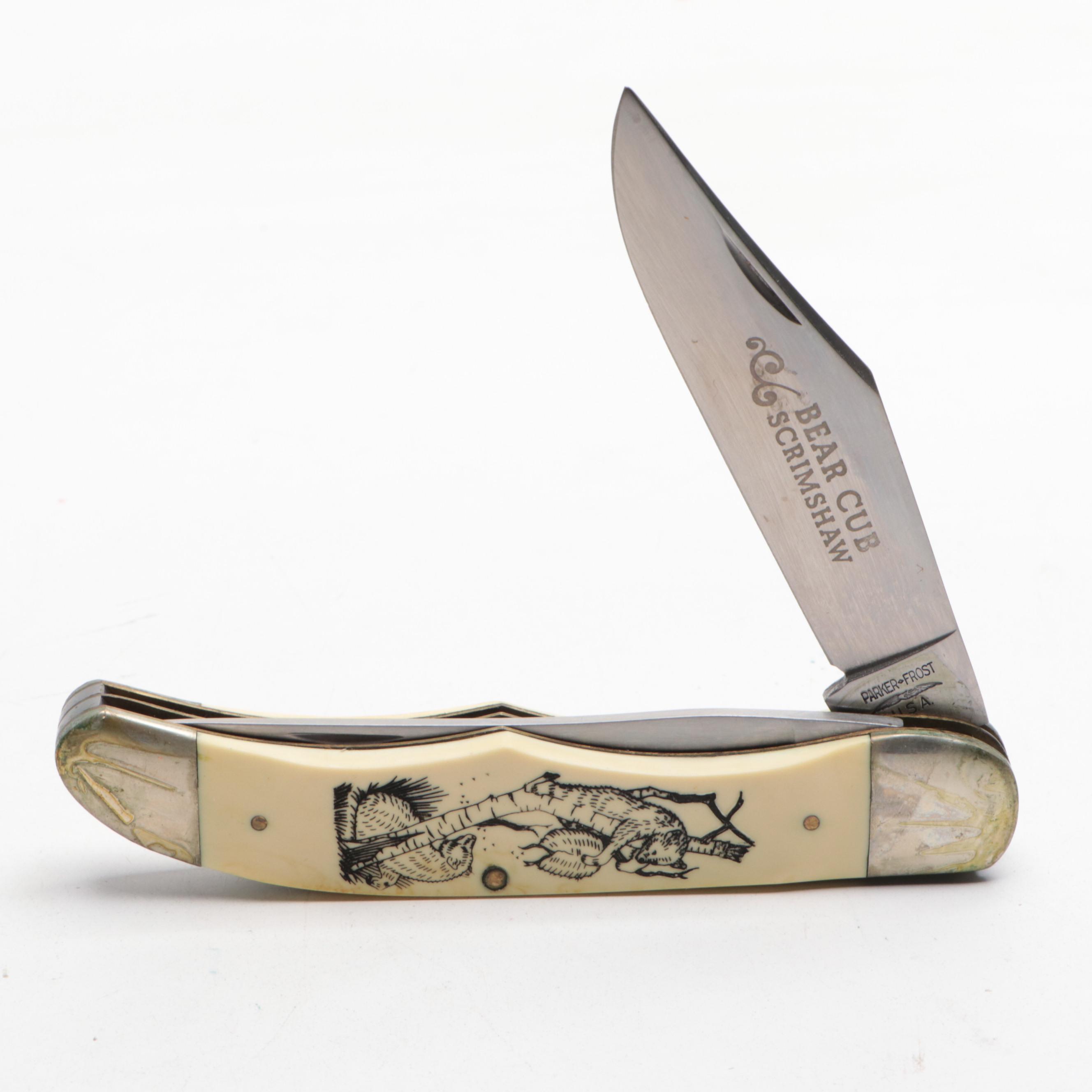 Parker-Frost "Bear Cub Scrimshaw" with More Folding Knives and Sharpening Stones
