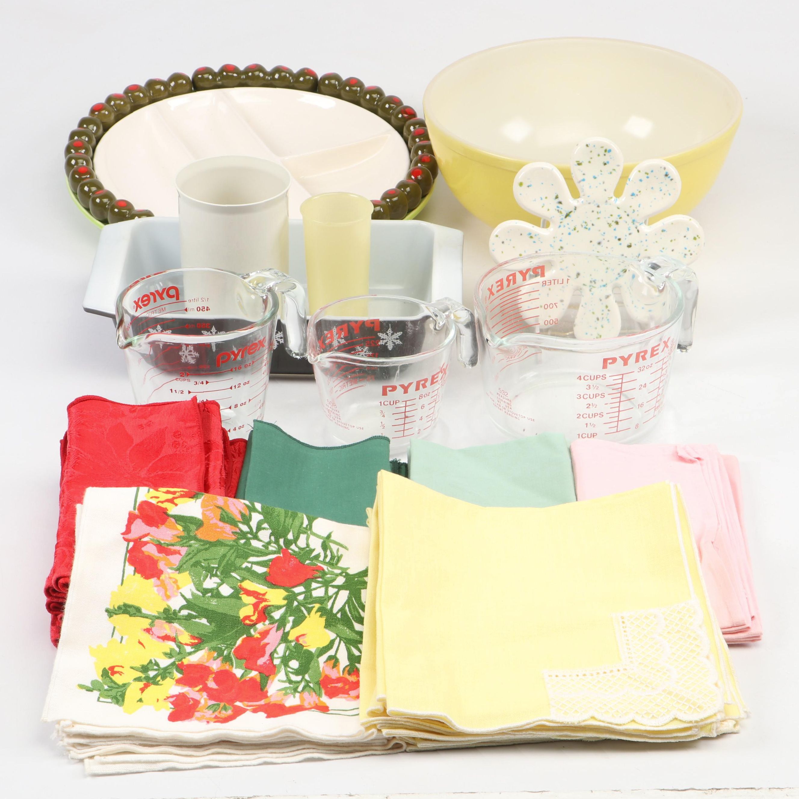Pyrex Measuring Cups and Yellow Mixing Bowl with Shafford Olive Dish and More