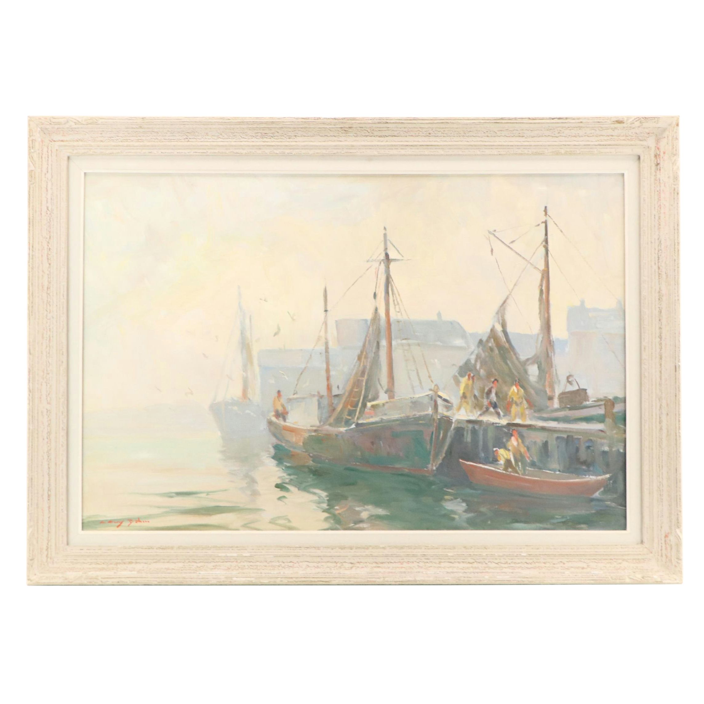 Claude Curry Bohm Maritime Oil Painting of Harbor Scene "The Silver Dawn"