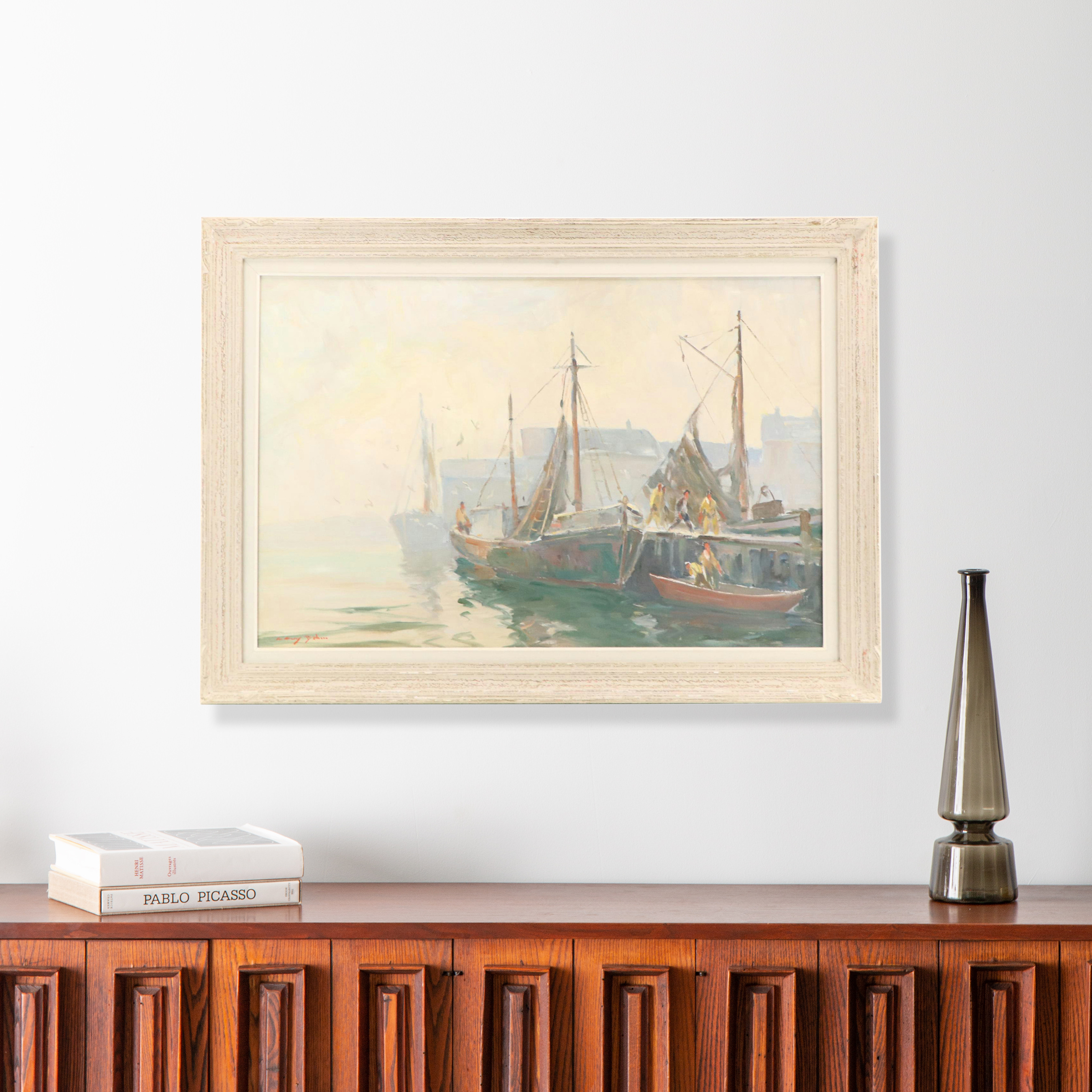 Claude Curry Bohm Maritime Oil Painting of Harbor Scene "The Silver Dawn"