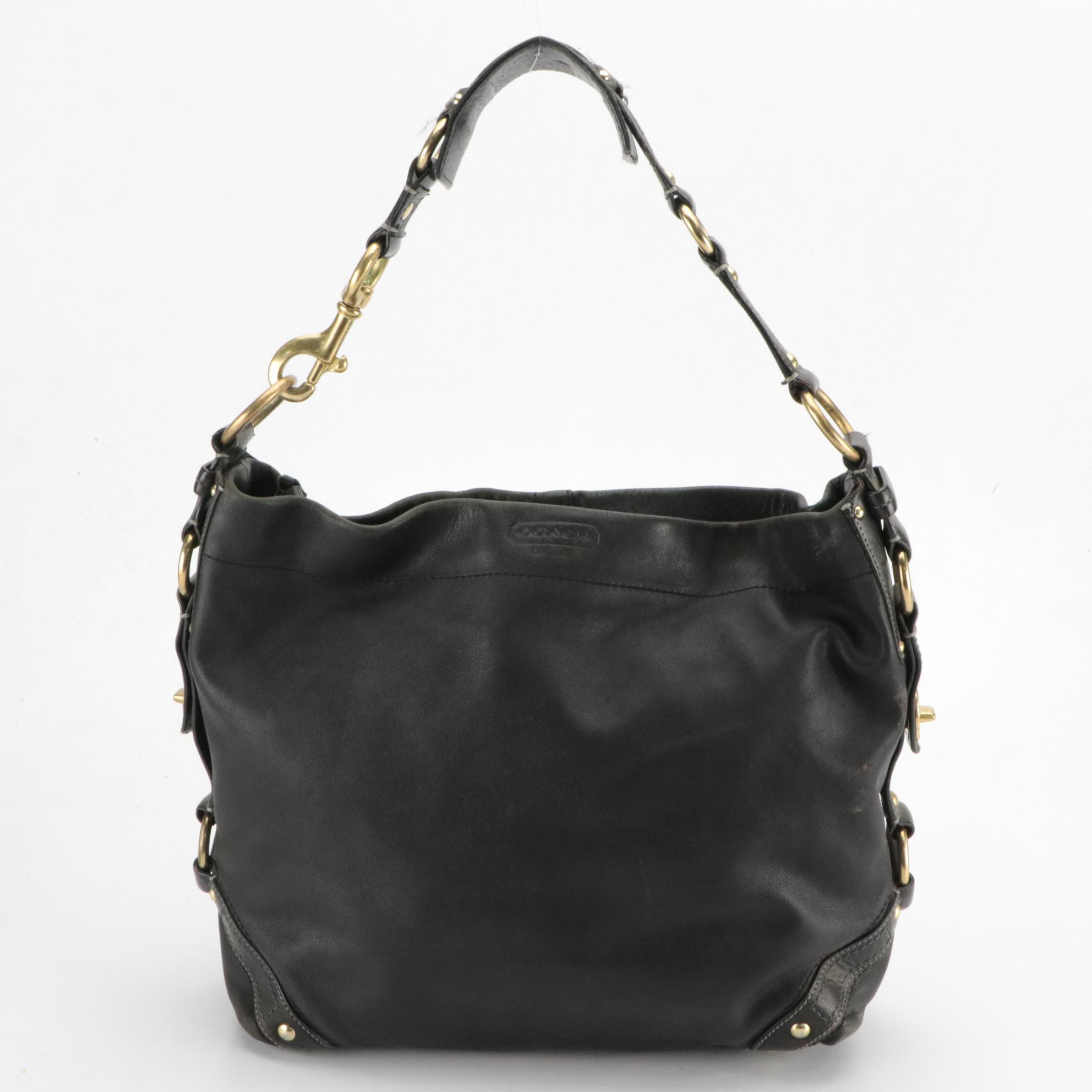 Coach Carly Hobo Shoulder Bag in Black Leather with Turn-Lock Buckle Accents