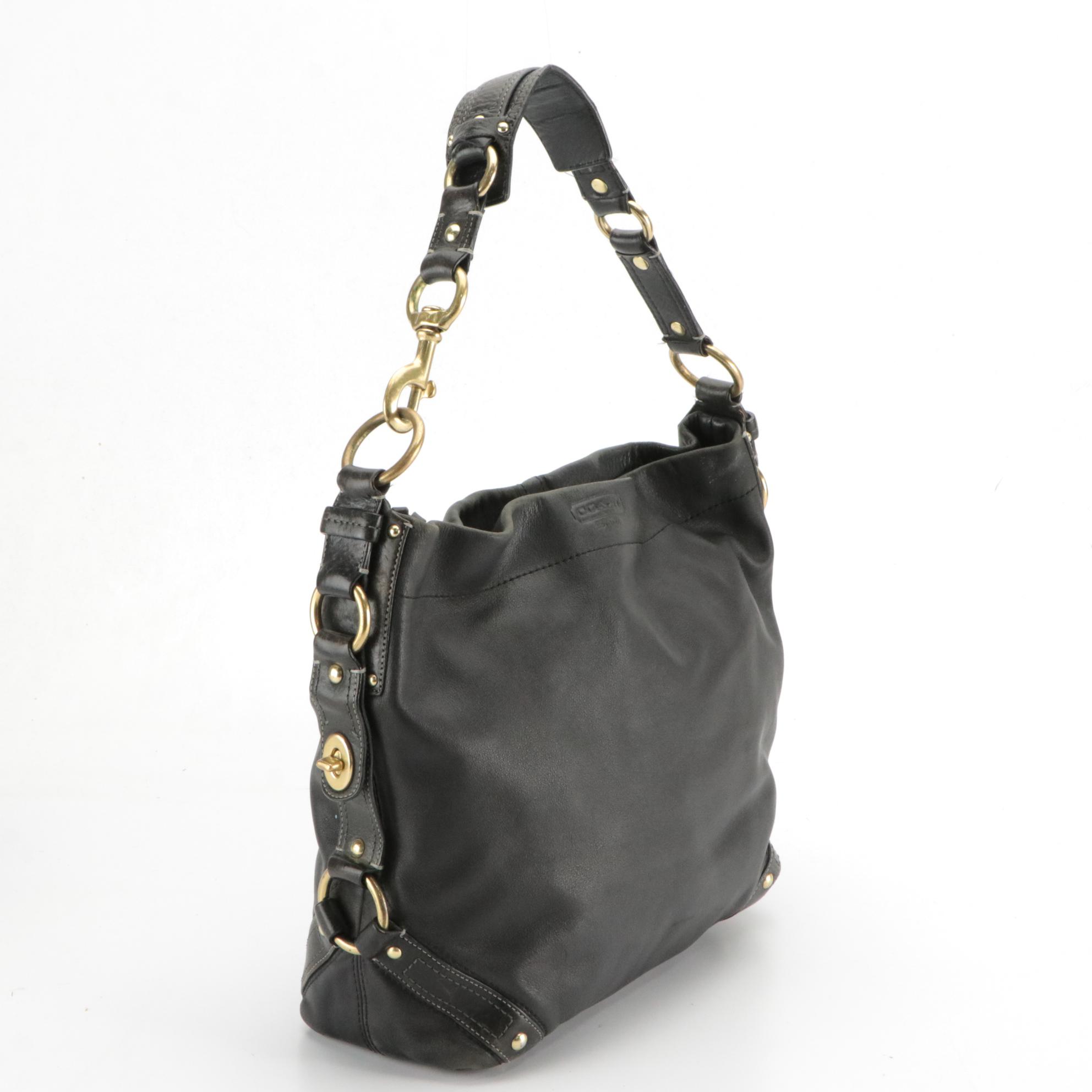 Coach Carly Hobo Shoulder Bag in Black Leather with Turn-Lock Buckle Accents