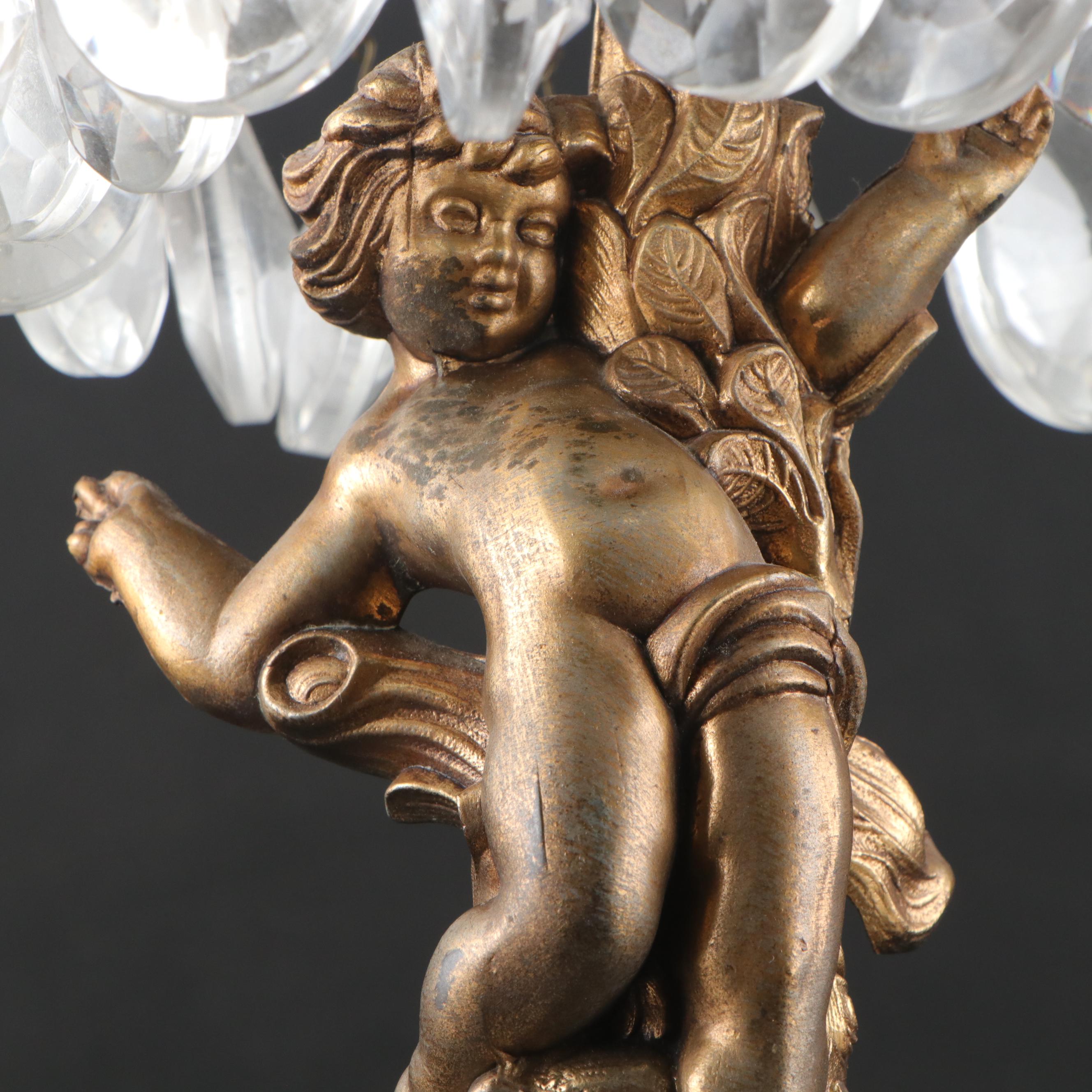 Diamond Pattern Crystal Compote with Cherub Motif Brass and Marble Base