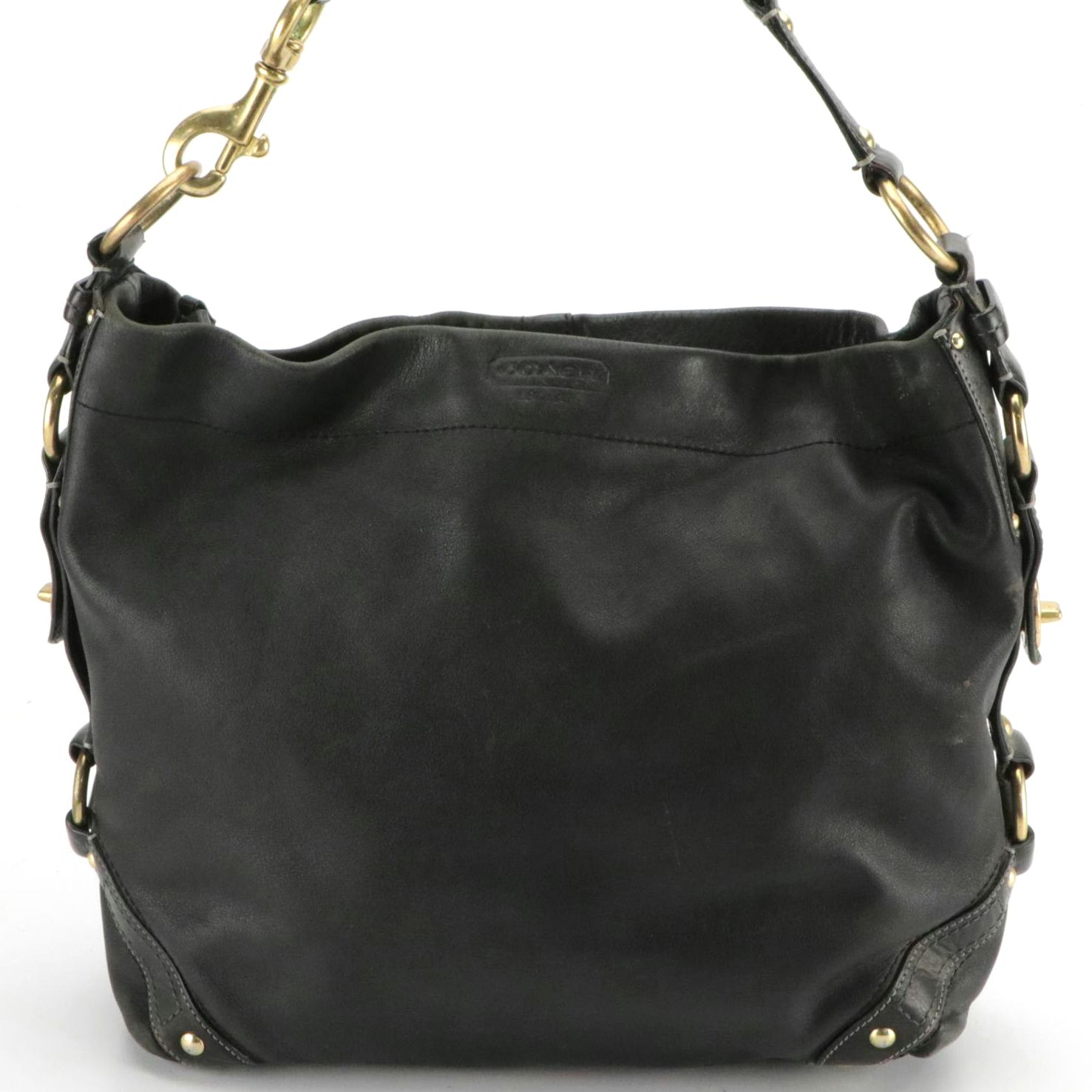 Coach Carly Hobo Shoulder Bag in Black Leather with Turn-Lock Buckle Accents