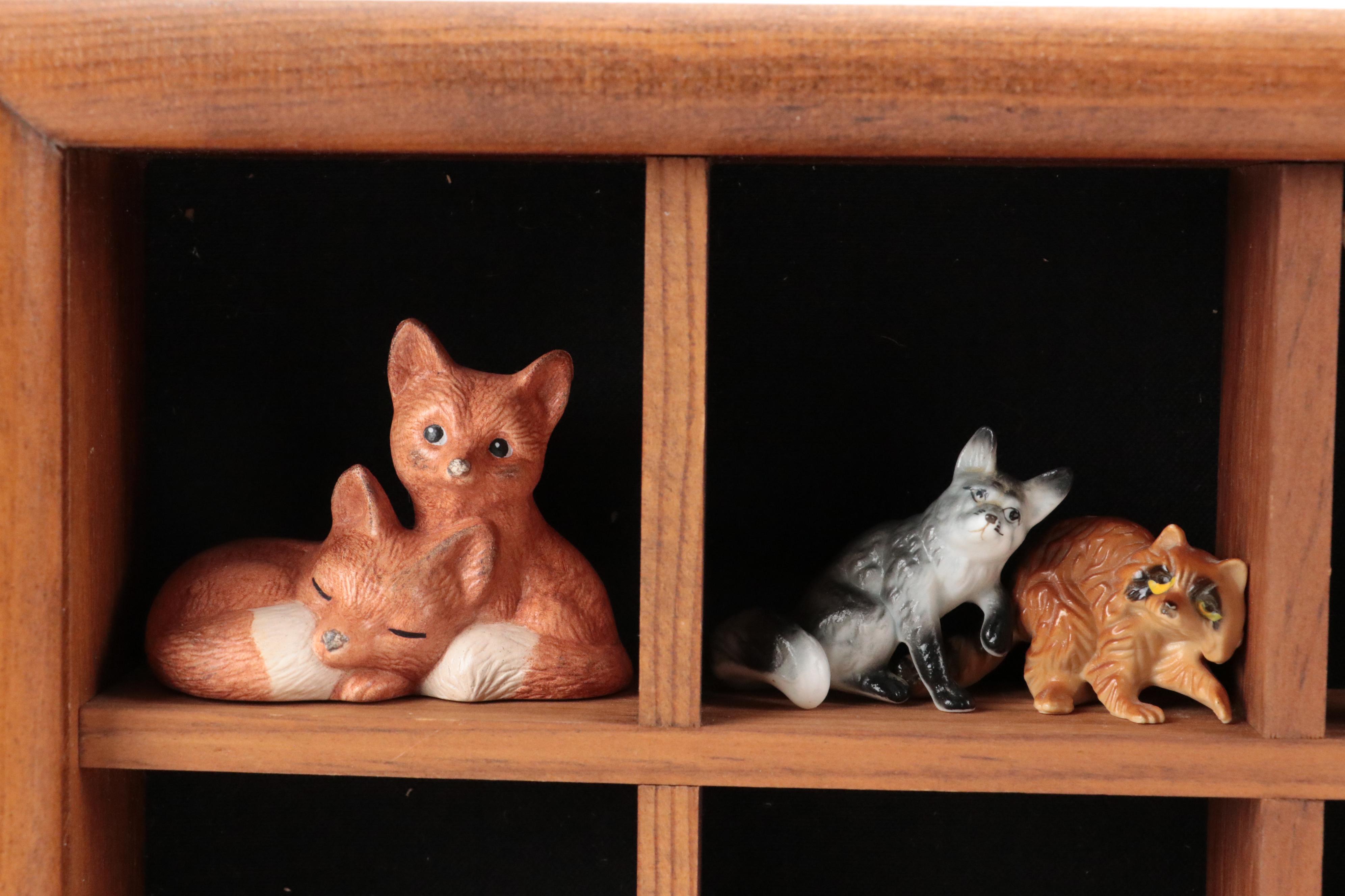Fox Figurines in Wooden Wall Mount Display Case