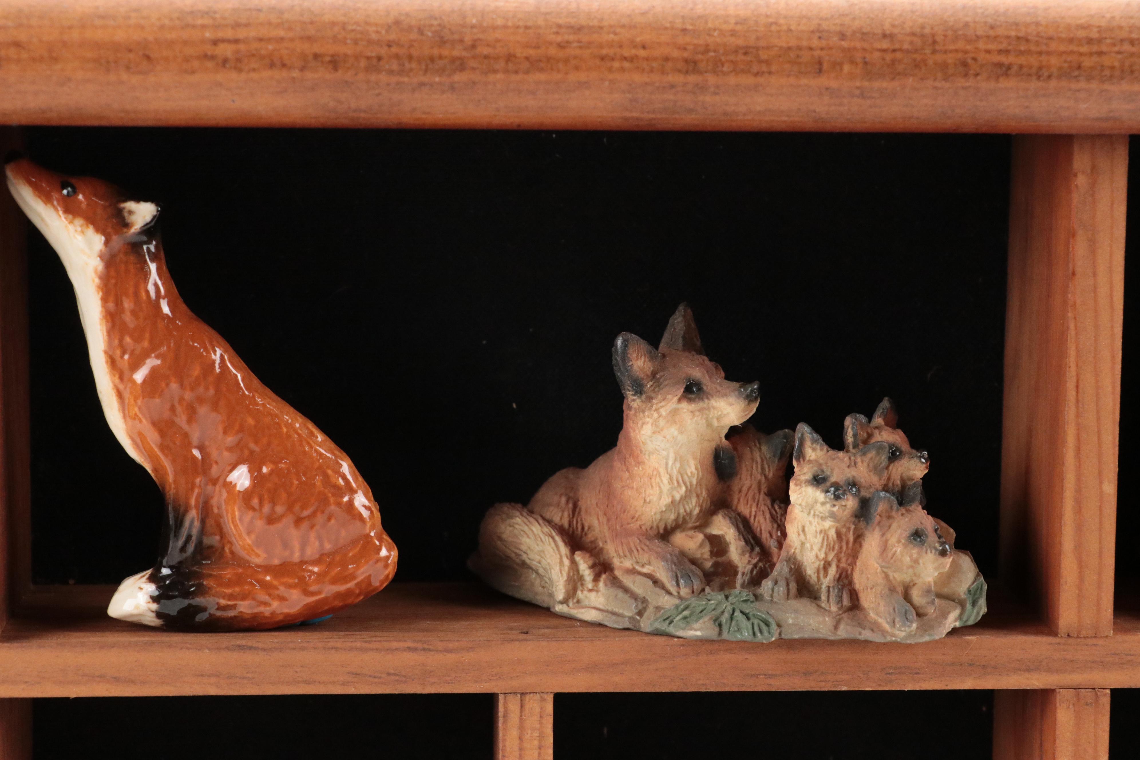 Fox Figurines in Wooden Wall Mount Display Case