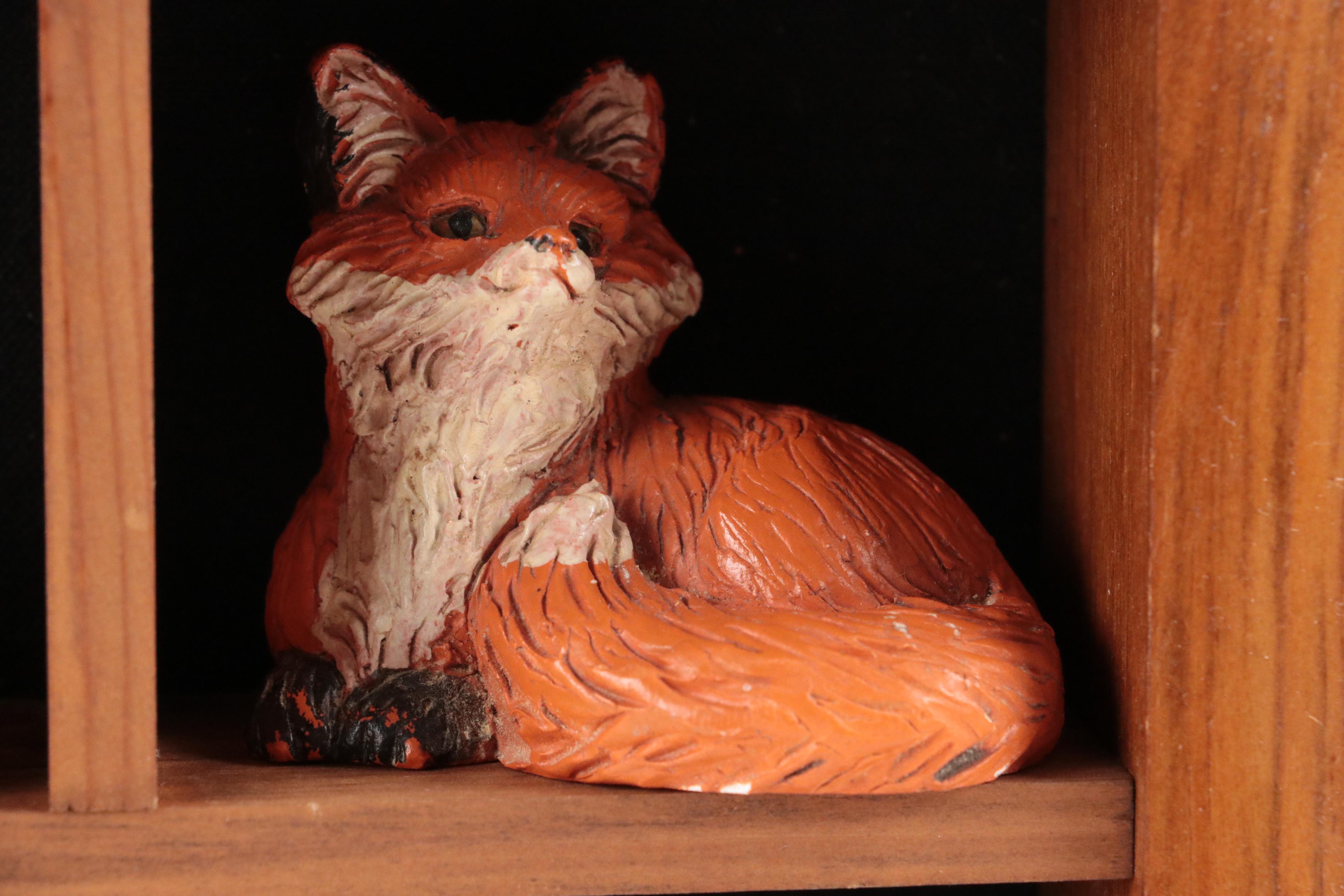 Fox Figurines in Wooden Wall Mount Display Case