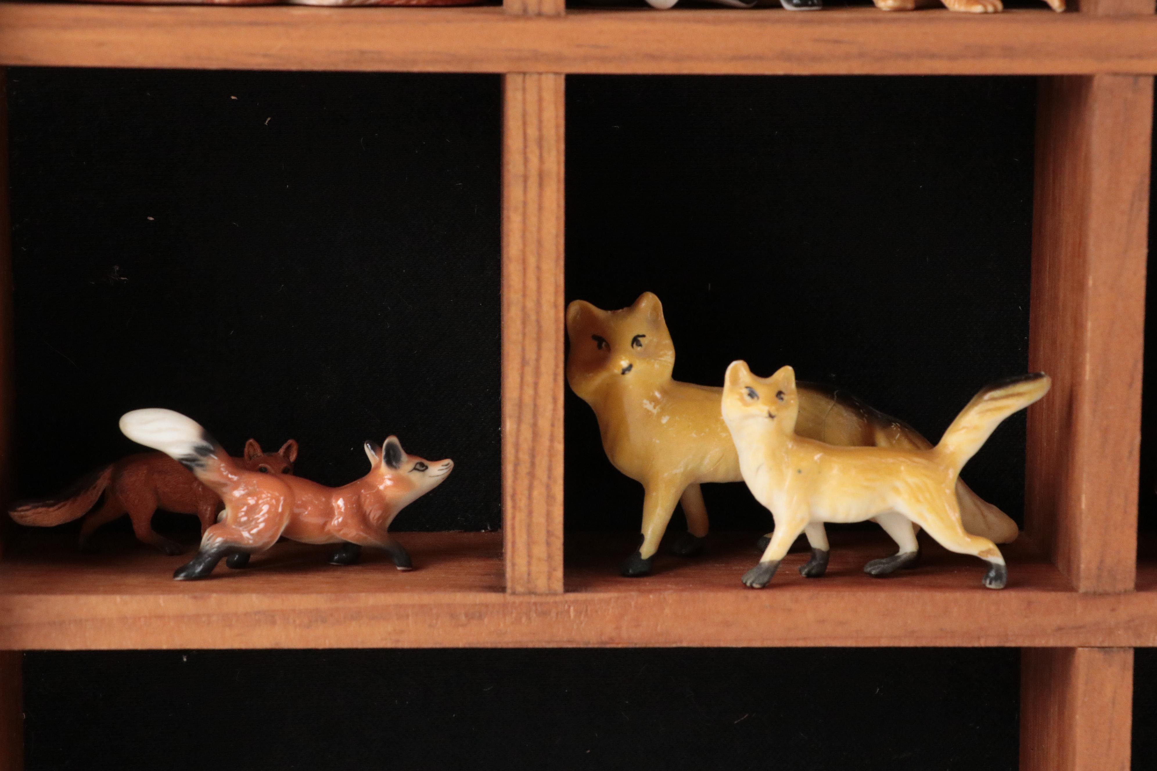 Fox Figurines in Wooden Wall Mount Display Case