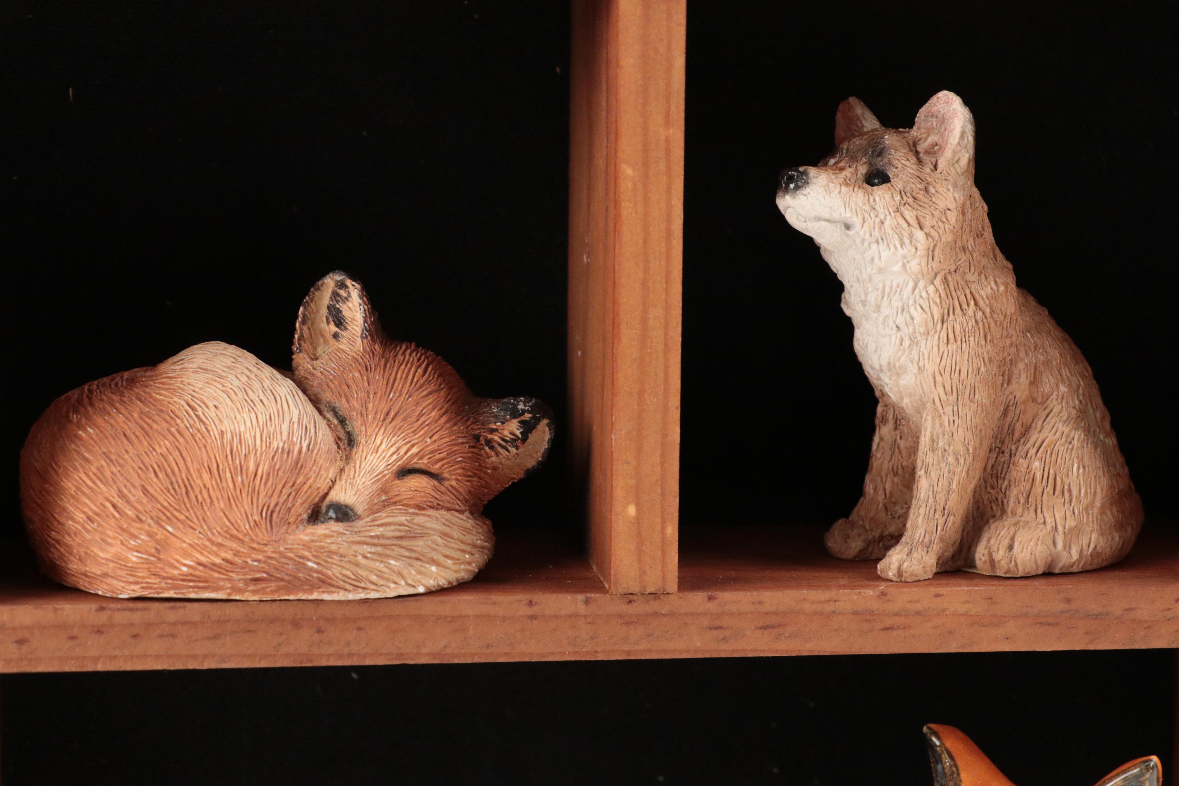Fox Figurines in Wooden Wall Mount Display Case