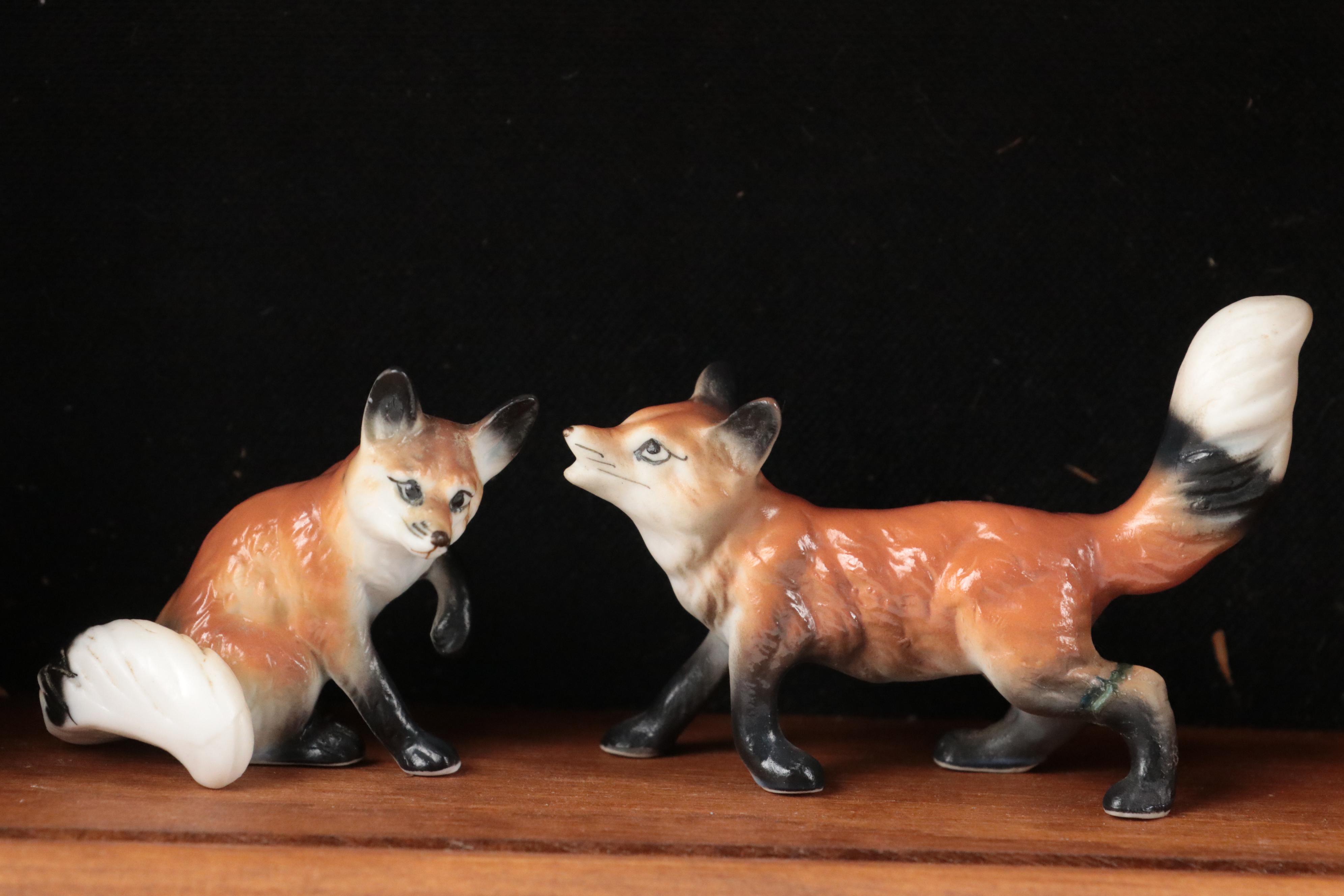 Fox Figurines in Wooden Wall Mount Display Case