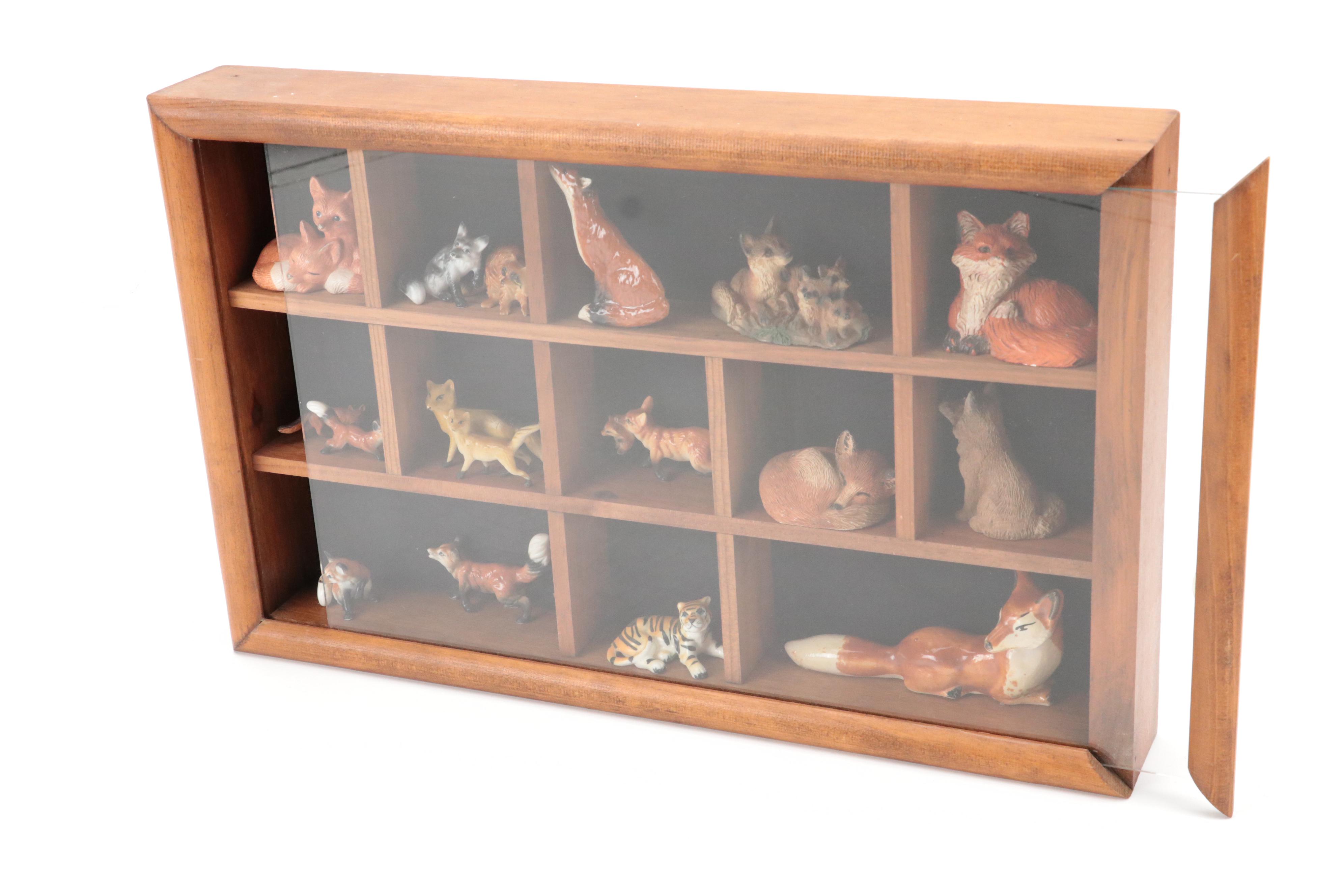 Fox Figurines in Wooden Wall Mount Display Case