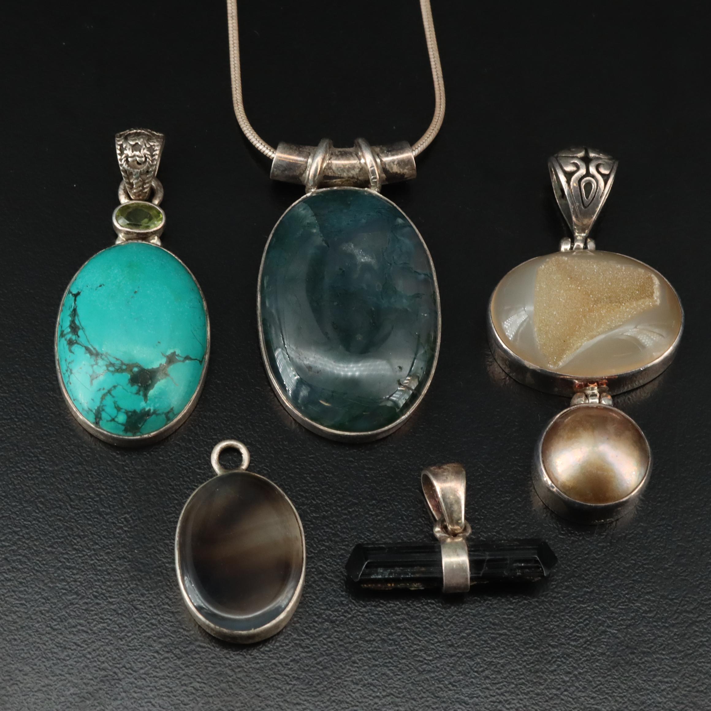 Sterling Gemstone Pendants and Necklace Featuring Moss Agate, Tourmaline
