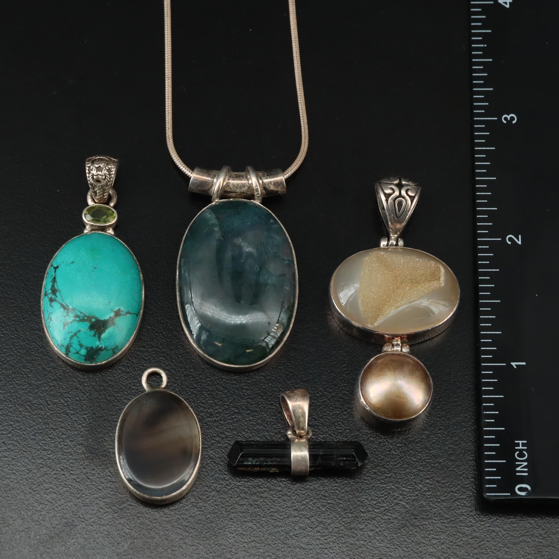 Sterling Gemstone Pendants and Necklace Featuring Moss Agate, Tourmaline