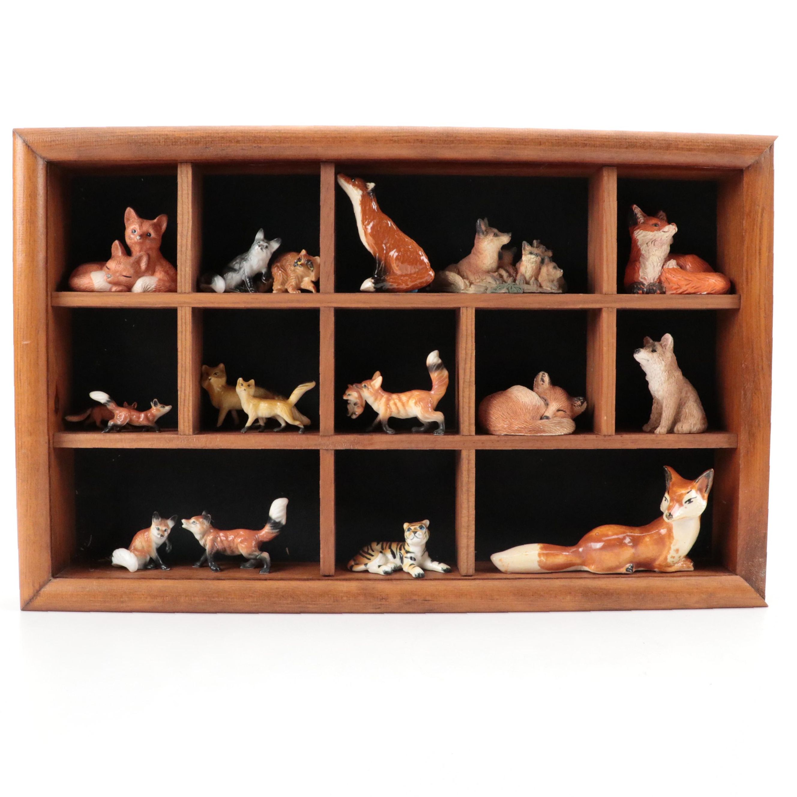 Fox Figurines in Wooden Wall Mount Display Case