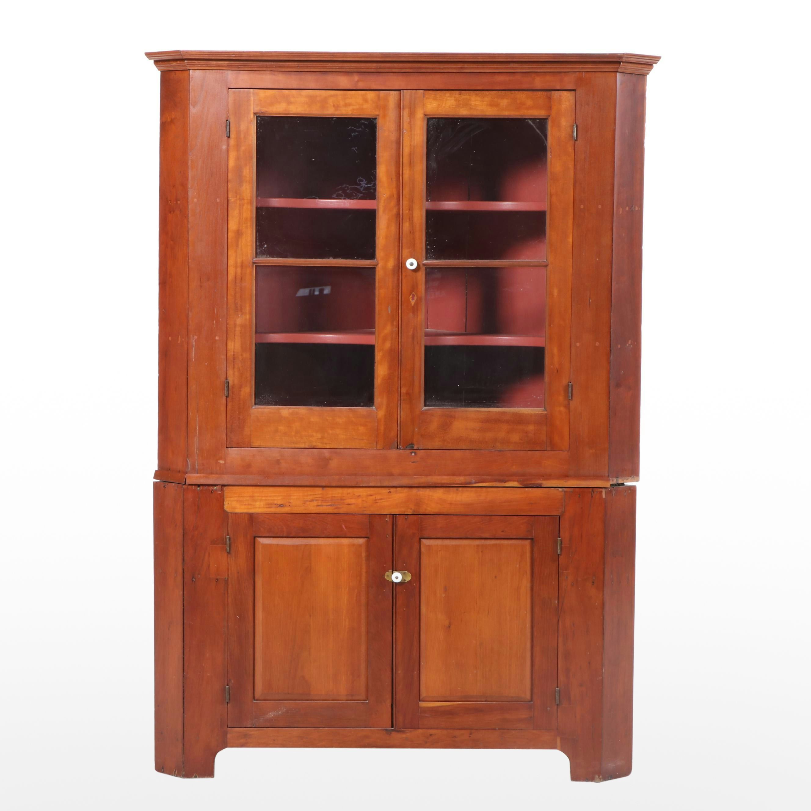 American Primitive Cherrywood and Glazed-Door Corner Cupboard, 19th Century