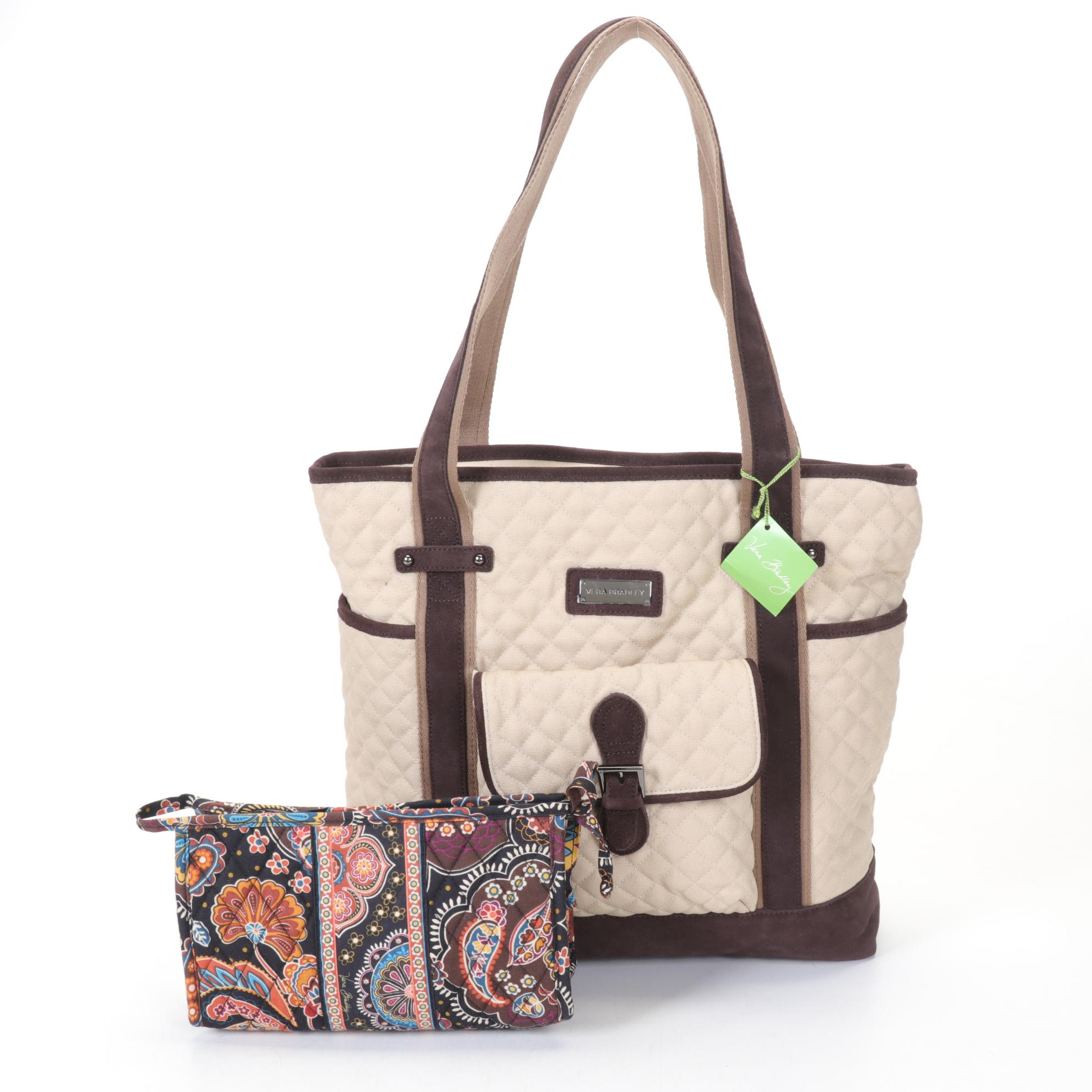 Vera Bradley "Chestnut" Tote in Khaki and Makeup Bag in "Kensington"
