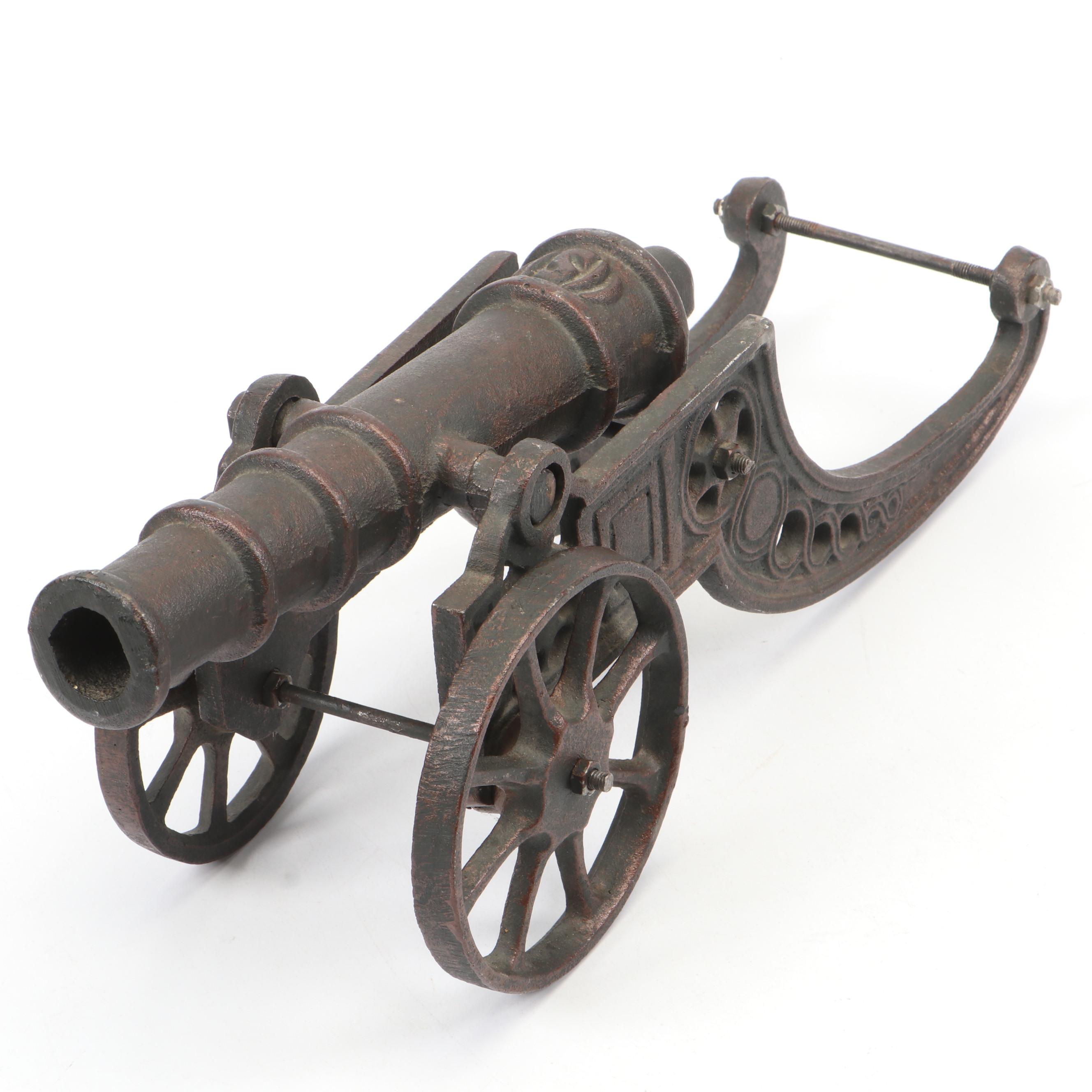 Cast Iron Cannon on Carriage Wheels Figurine
