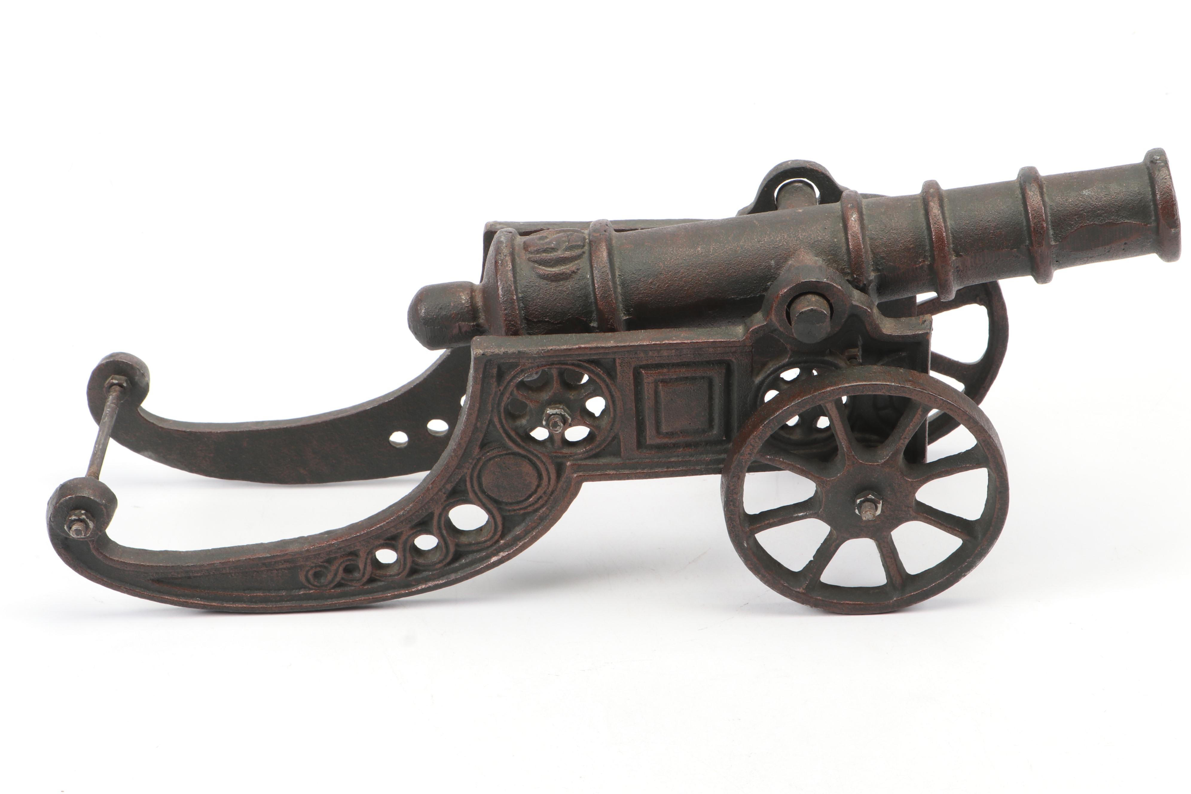 Cast Iron Cannon on Carriage Wheels Figurine