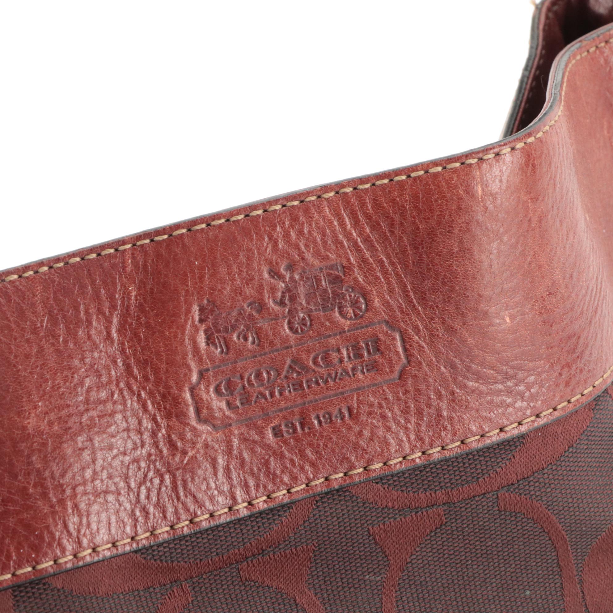 Coach Dark Red Signature Canvas and Patent Leather Shoulder Bags