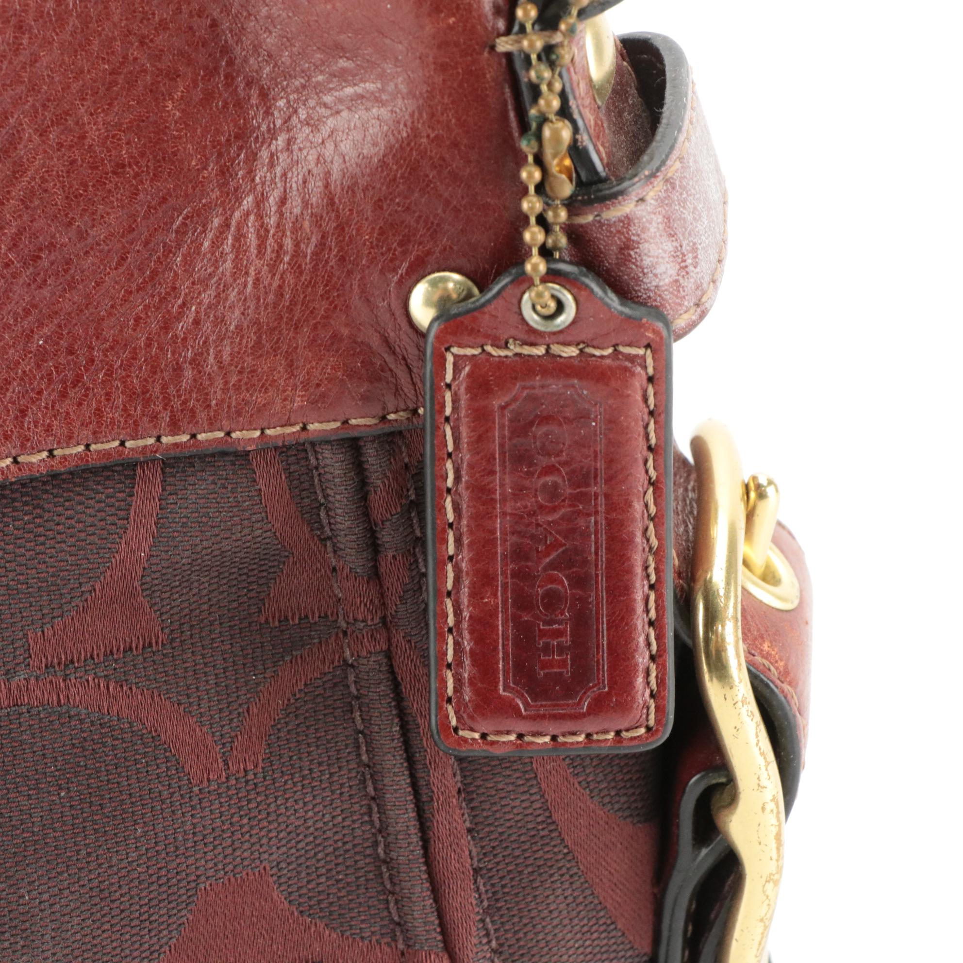 Coach Dark Red Signature Canvas and Patent Leather Shoulder Bags