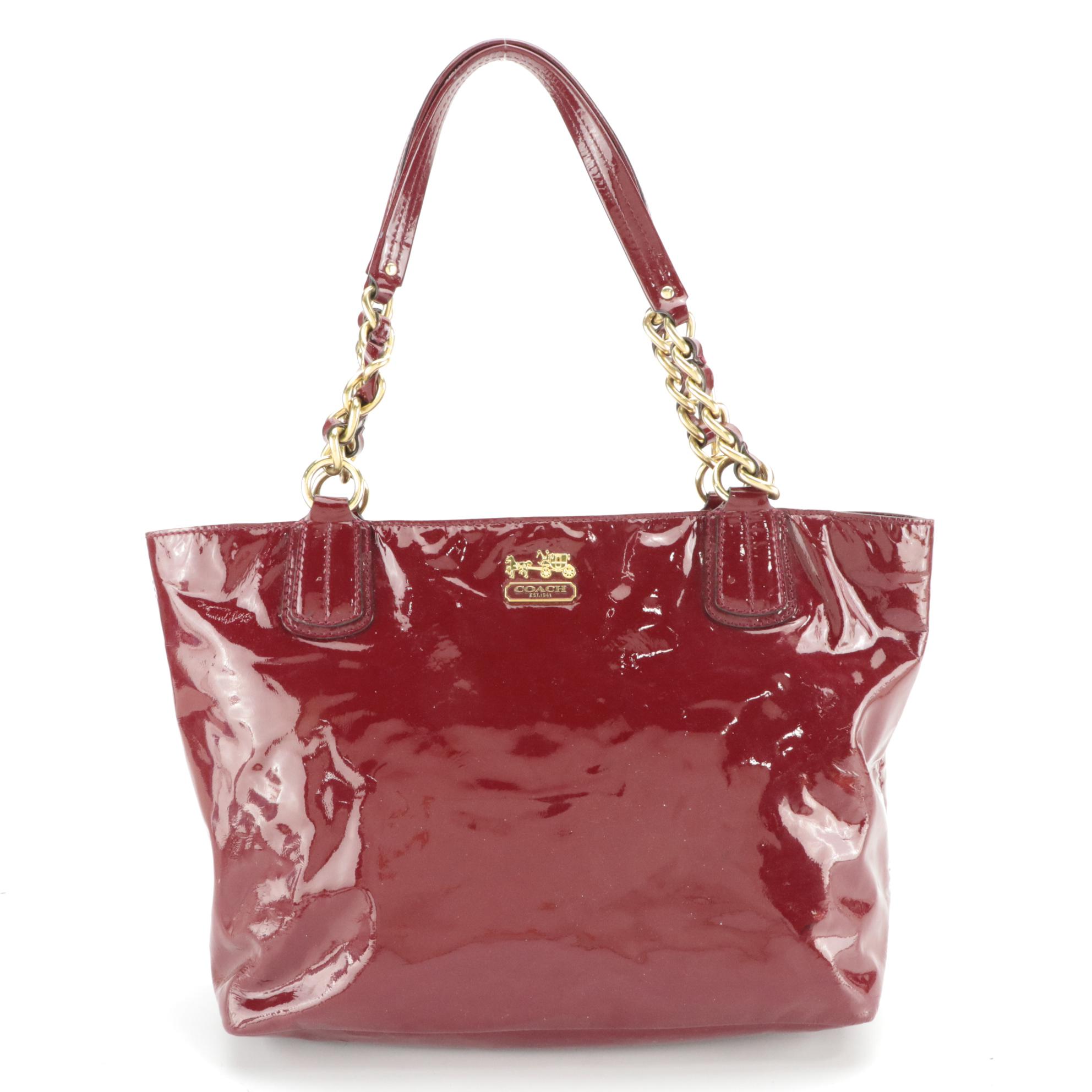 Coach Dark Red Signature Canvas and Patent Leather Shoulder Bags