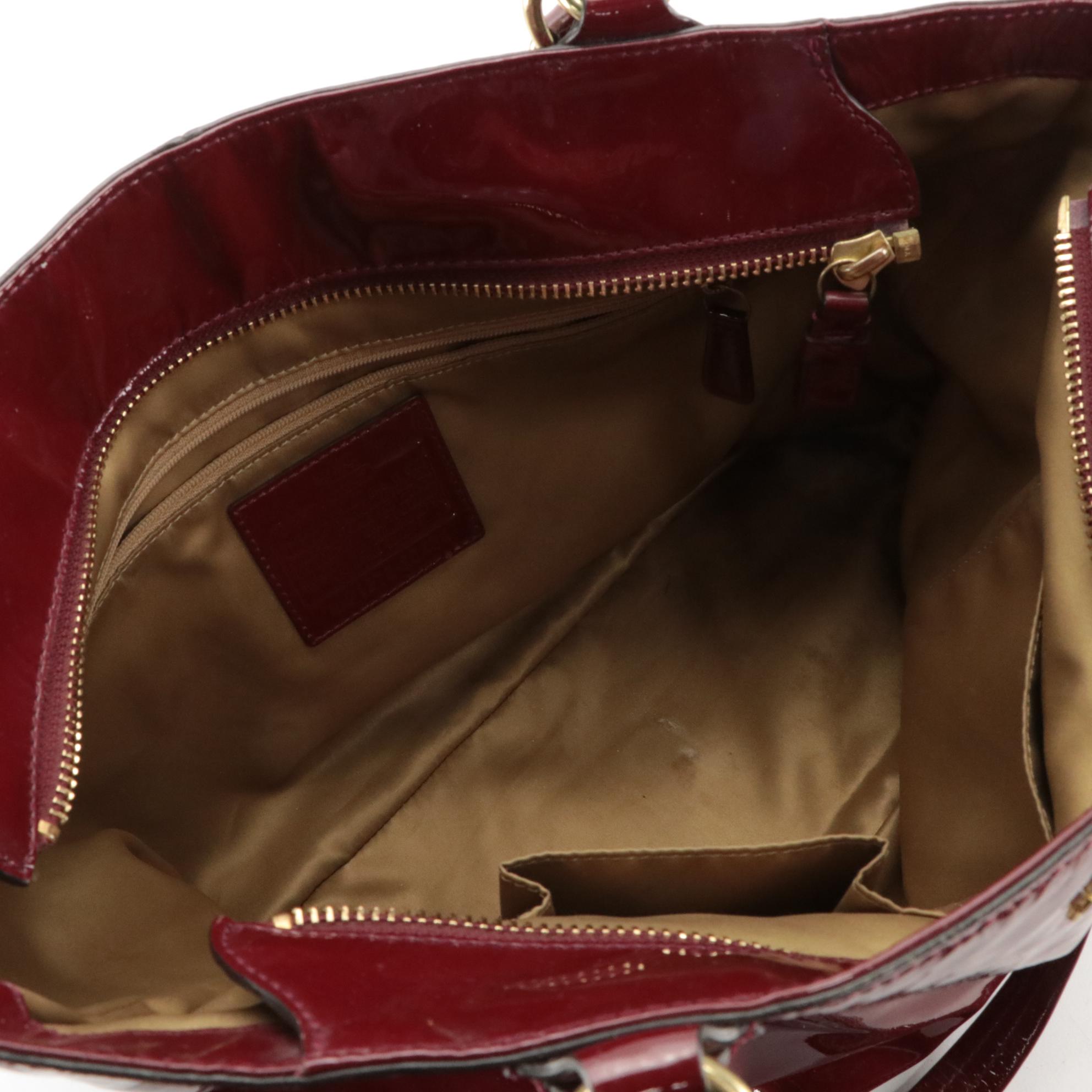 Coach Dark Red Signature Canvas and Patent Leather Shoulder Bags