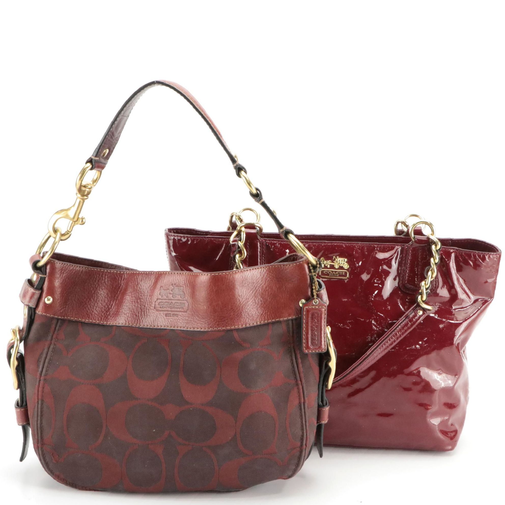 Coach Dark Red Signature Canvas and Patent Leather Shoulder Bags