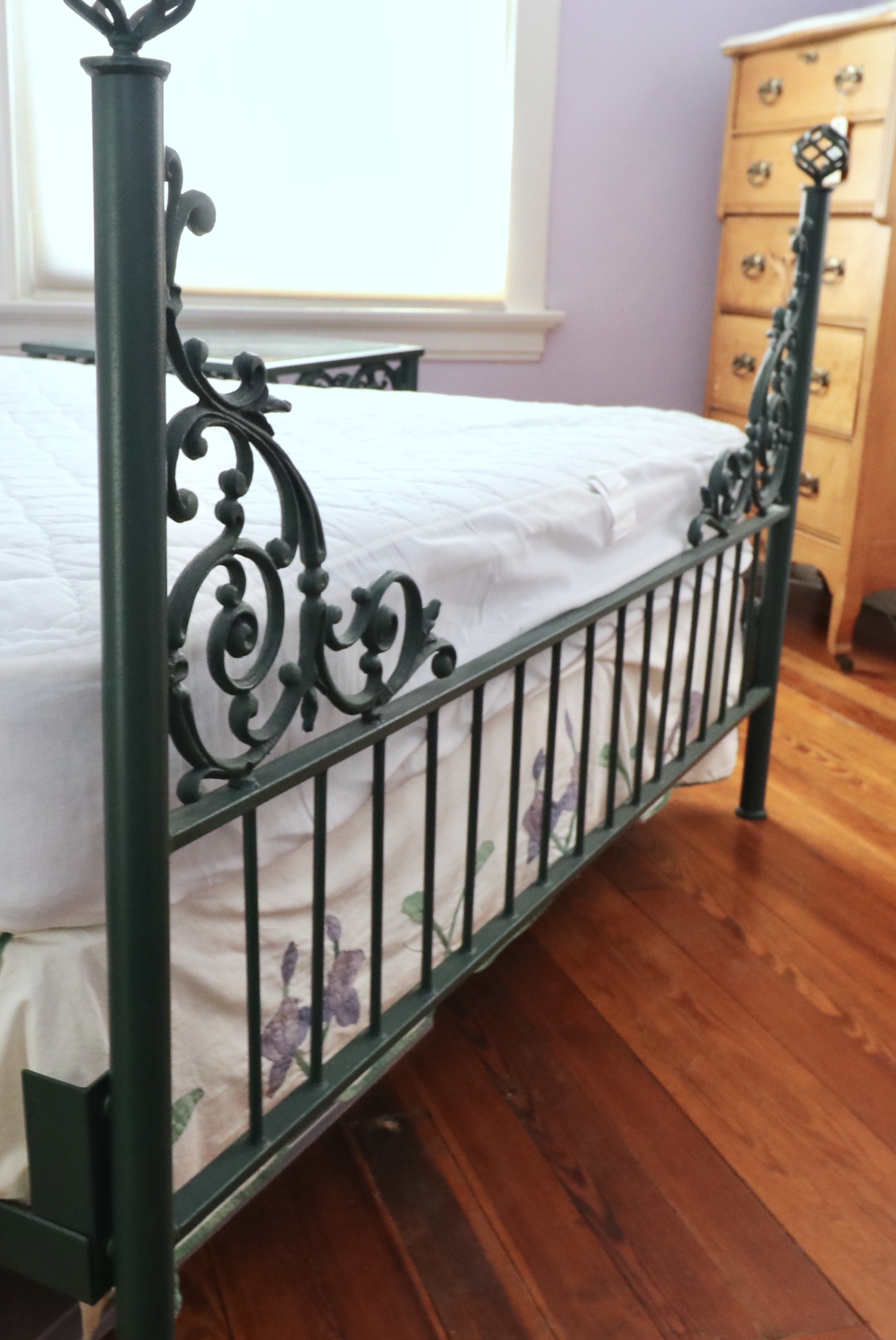 Wrought Iron Queen Bed Frame with Side Table and Floral Appliqué Cotton Bedding