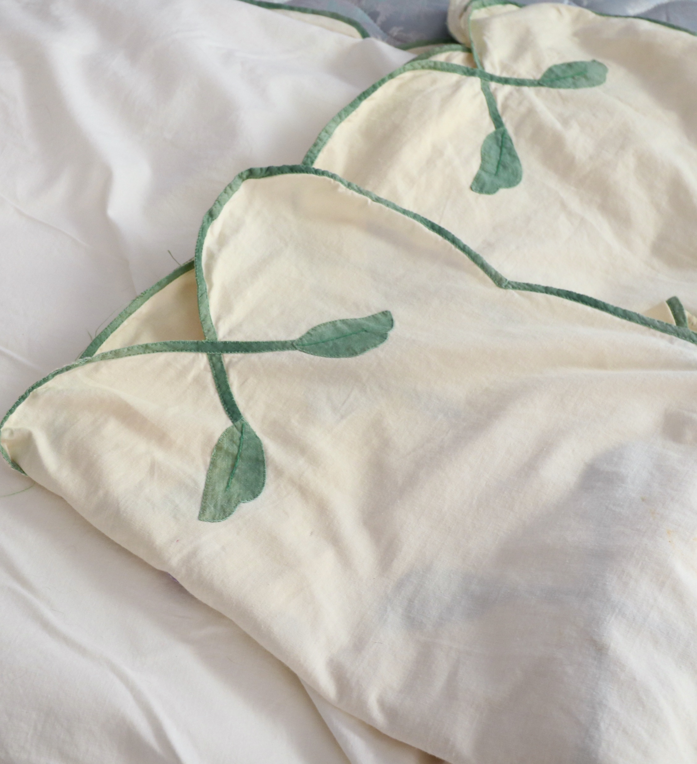 Wrought Iron Queen Bed Frame with Side Table and Floral Appliqué Cotton Bedding