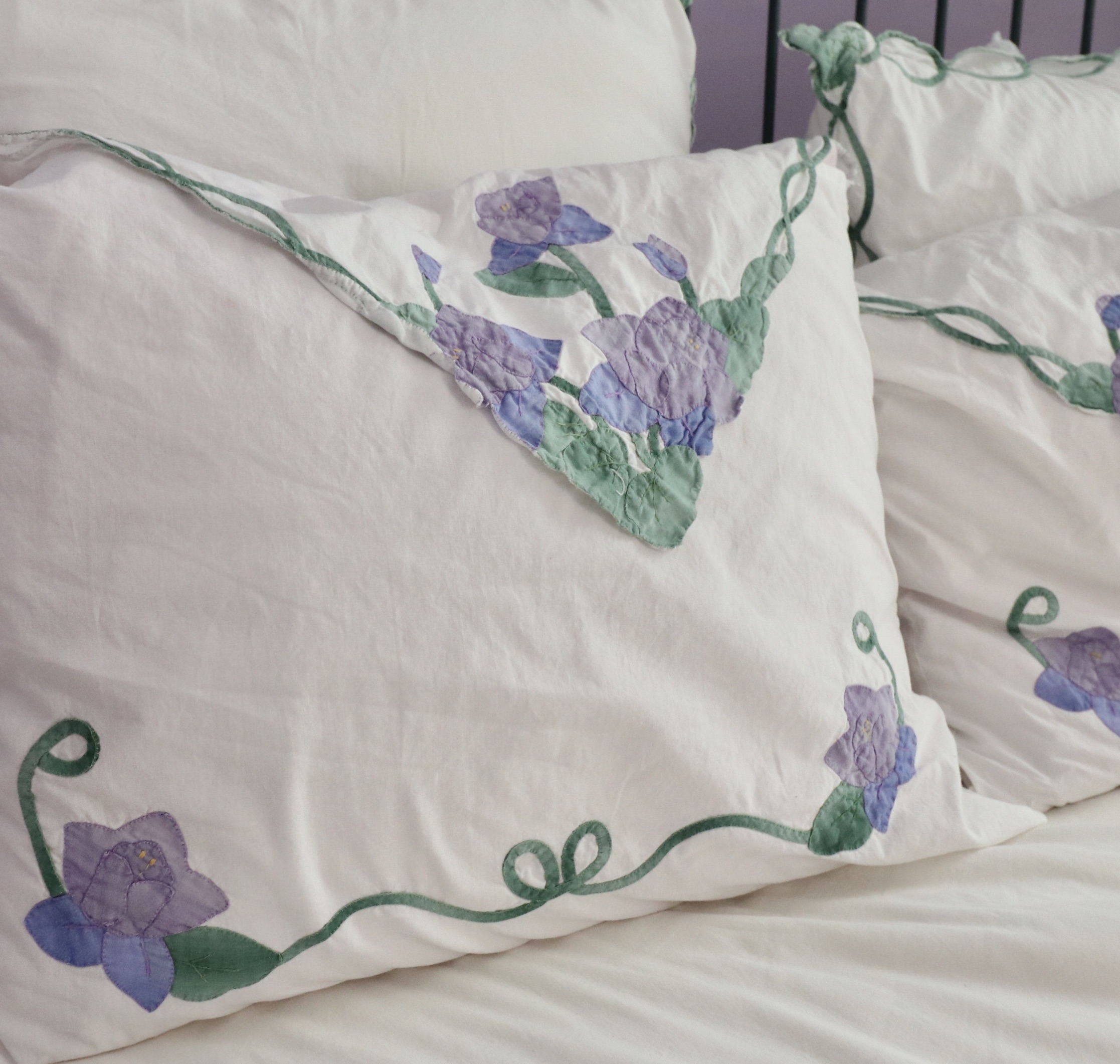 Wrought Iron Queen Bed Frame with Side Table and Floral Appliqué Cotton Bedding