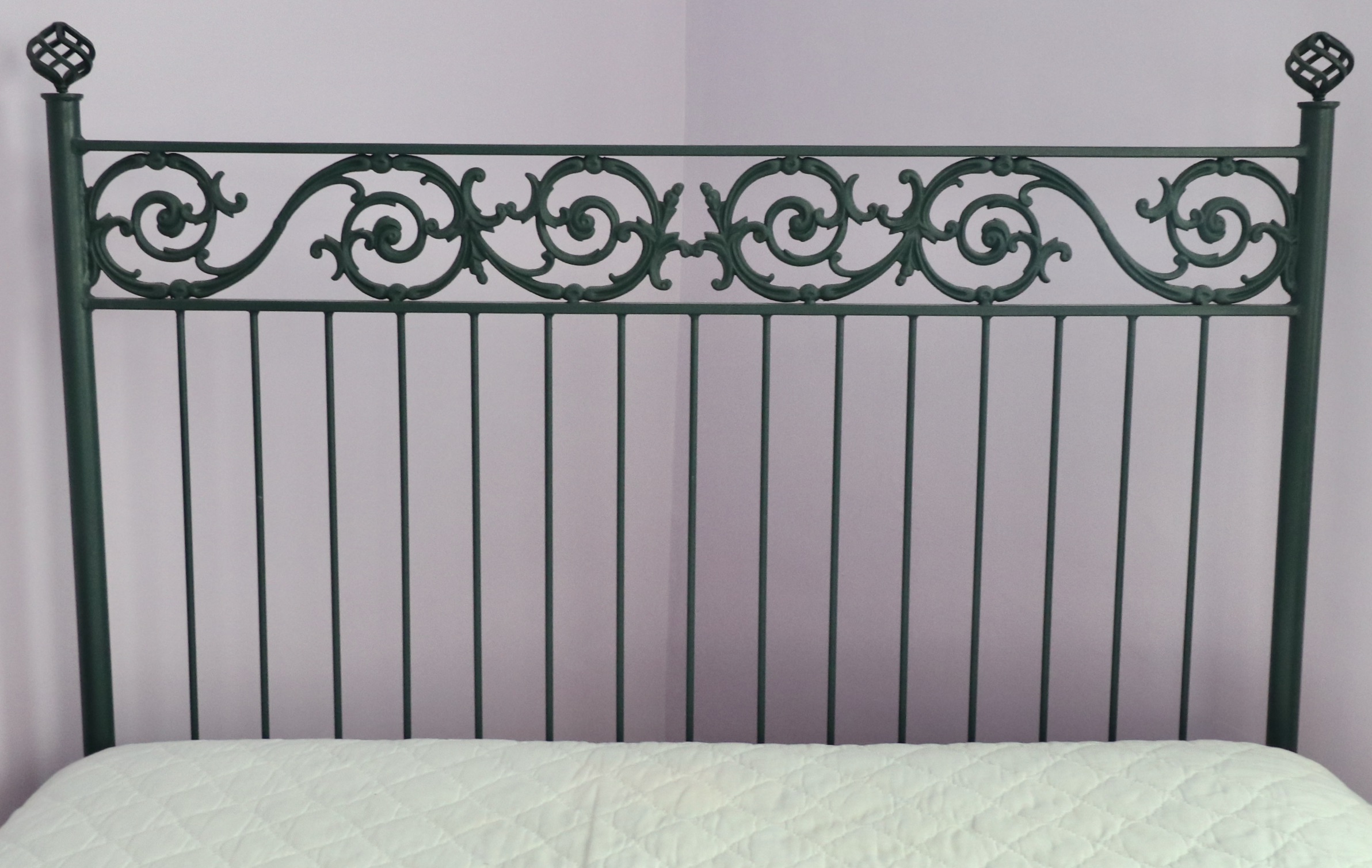 Wrought Iron Queen Bed Frame with Side Table and Floral Appliqué Cotton Bedding