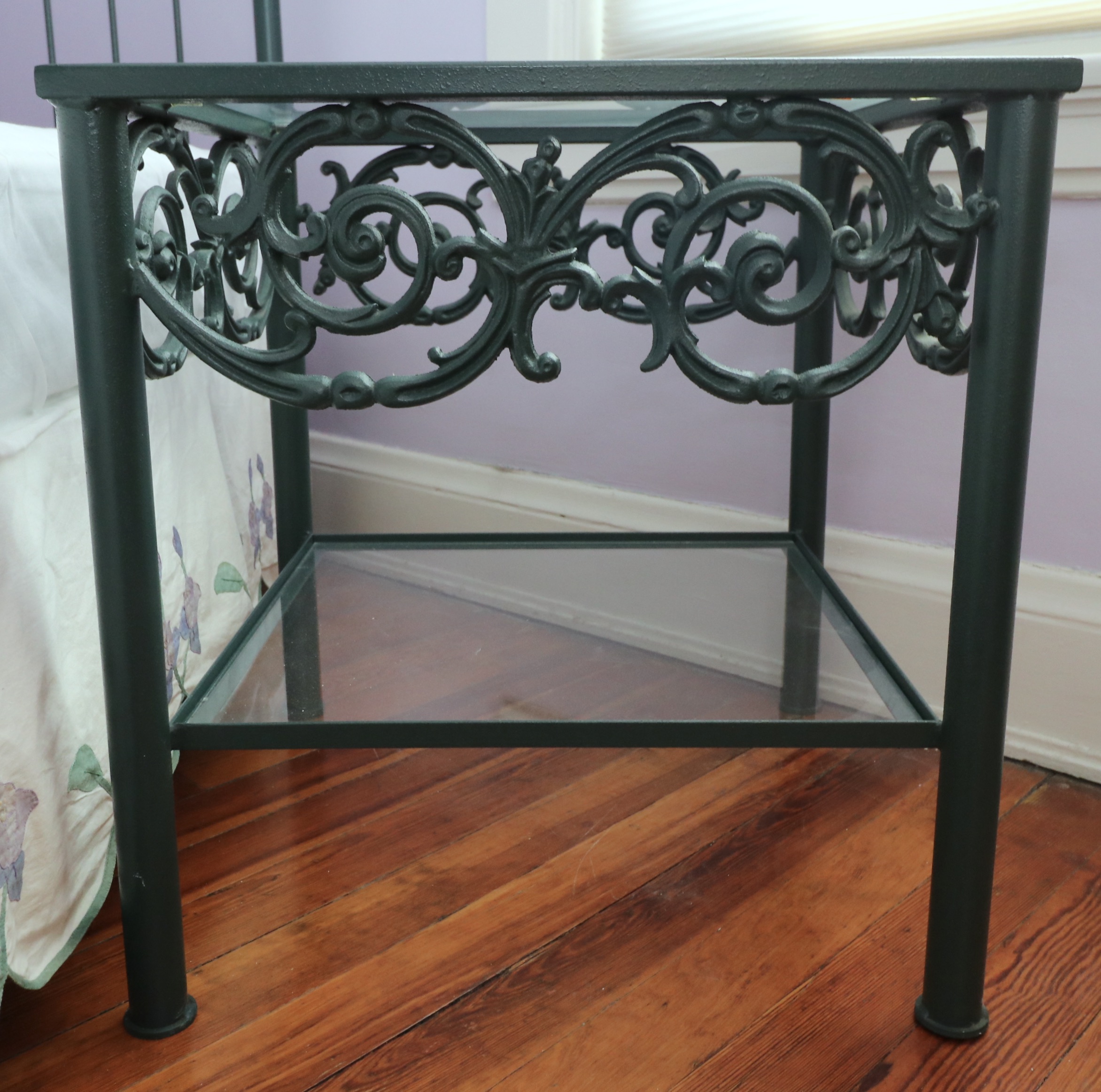 Wrought Iron Queen Bed Frame with Side Table and Floral Appliqué Cotton Bedding