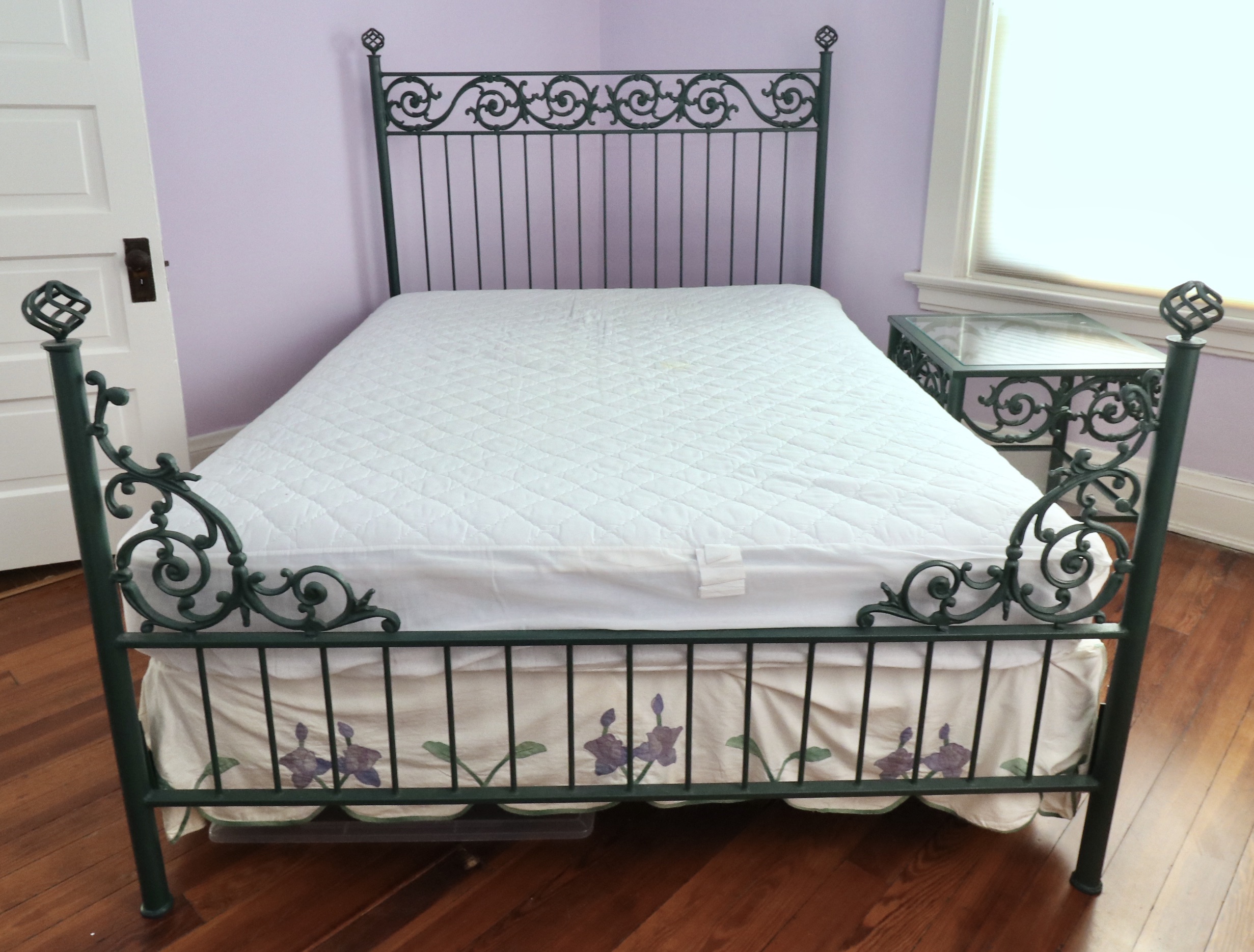 Wrought Iron Queen Bed Frame with Side Table and Floral Appliqué Cotton Bedding