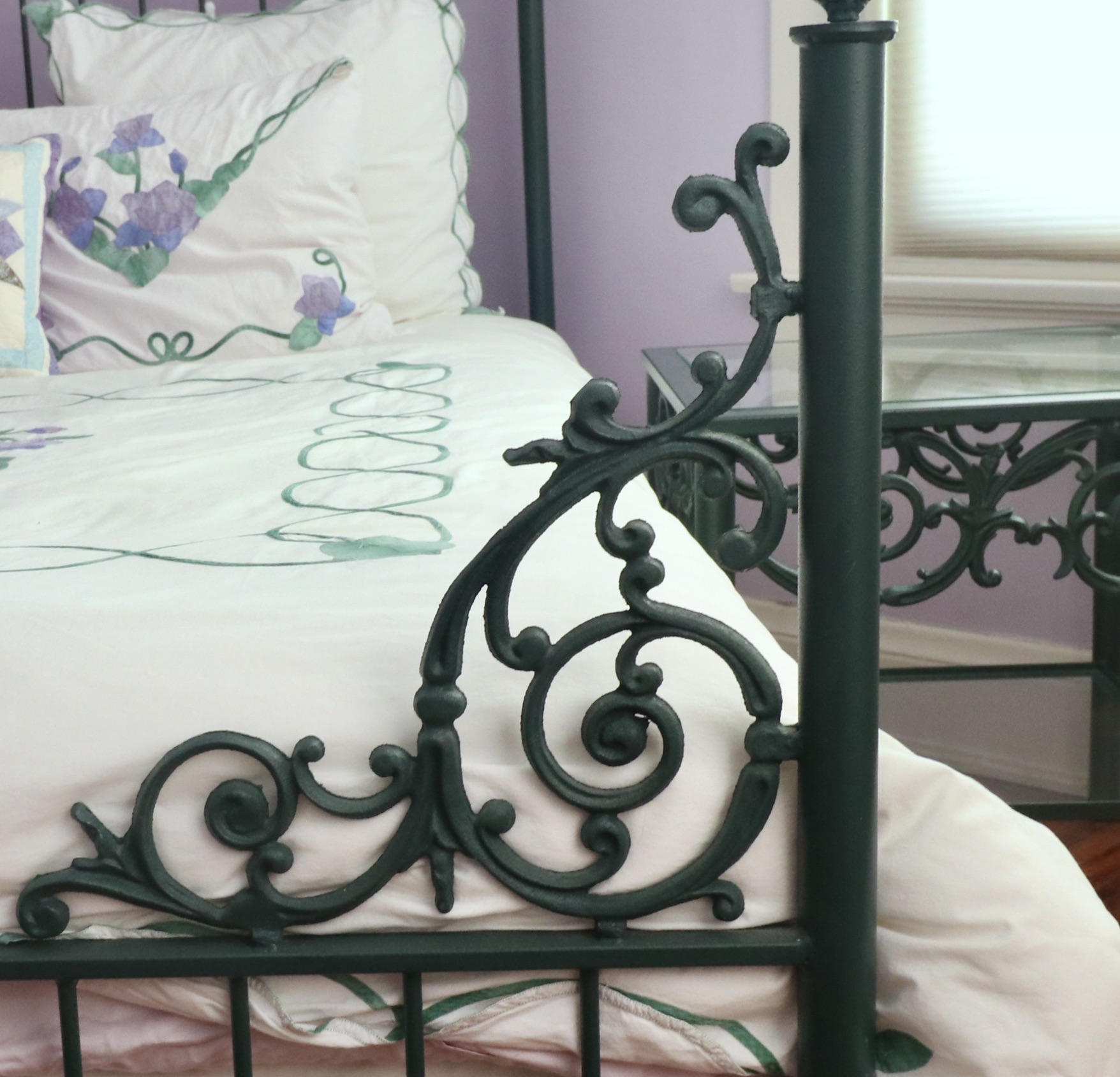 Wrought Iron Queen Bed Frame with Side Table and Floral Appliqué Cotton Bedding