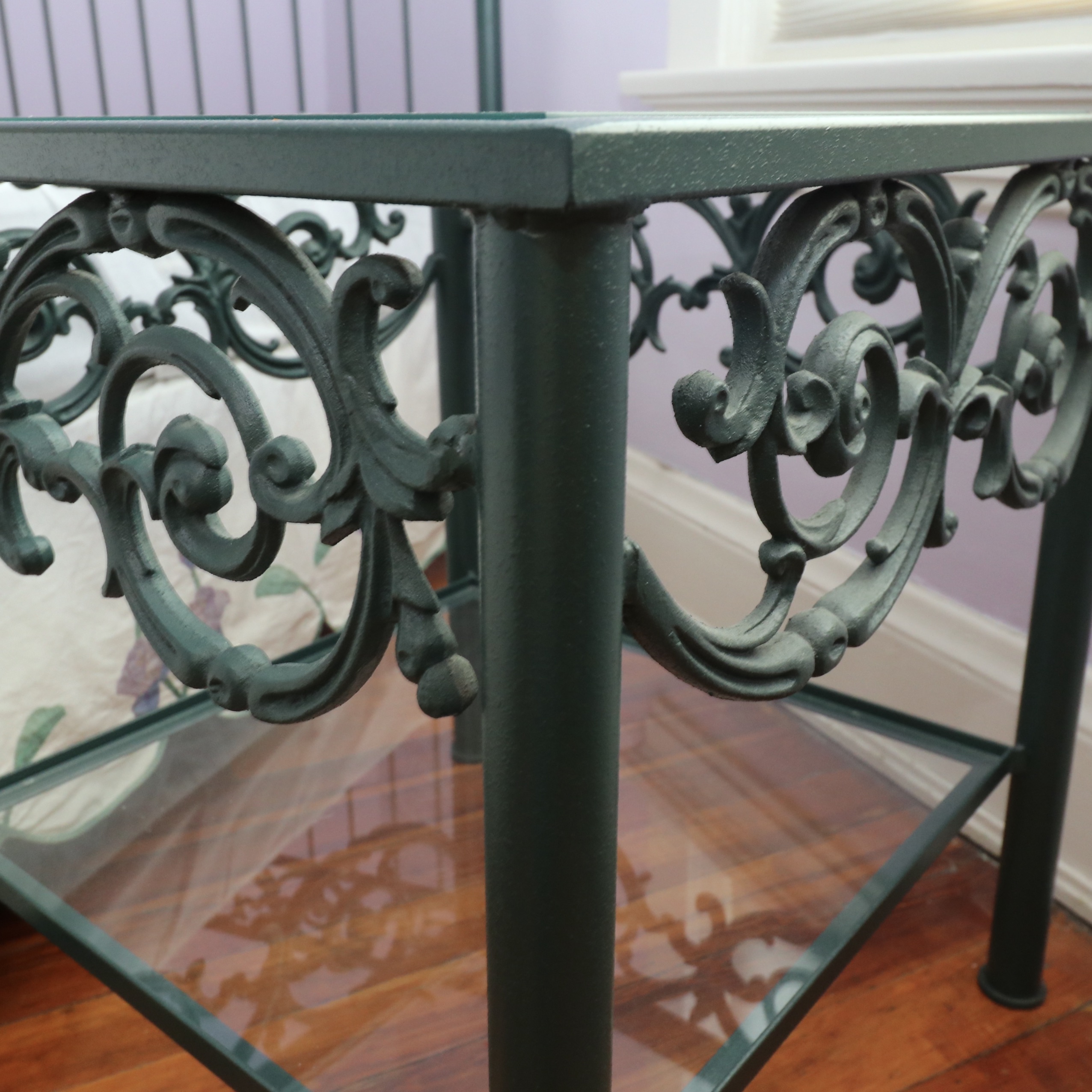 Wrought Iron Queen Bed Frame with Side Table and Floral Appliqué Cotton Bedding