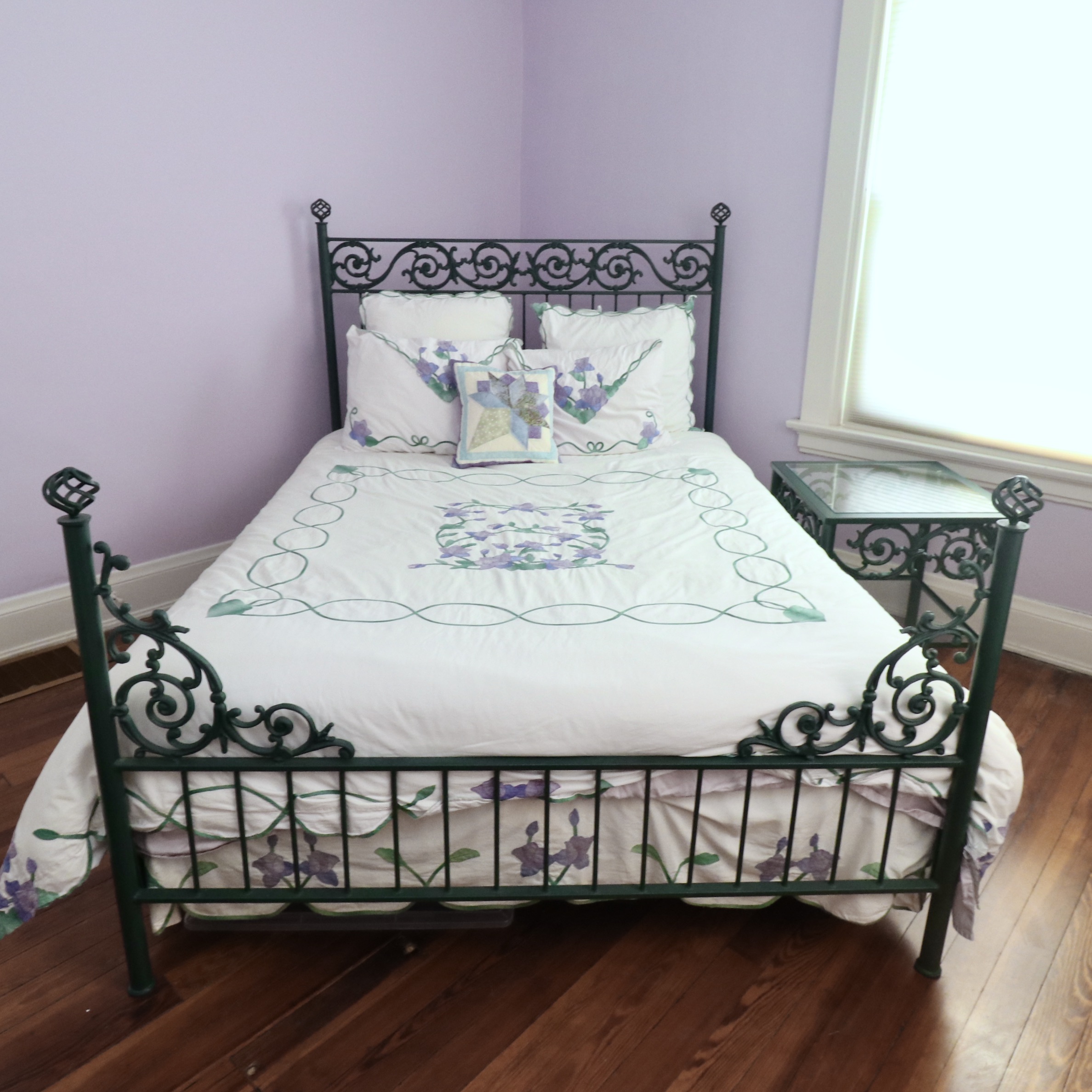 Wrought Iron Queen Bed Frame with Side Table and Floral Appliqué Cotton Bedding
