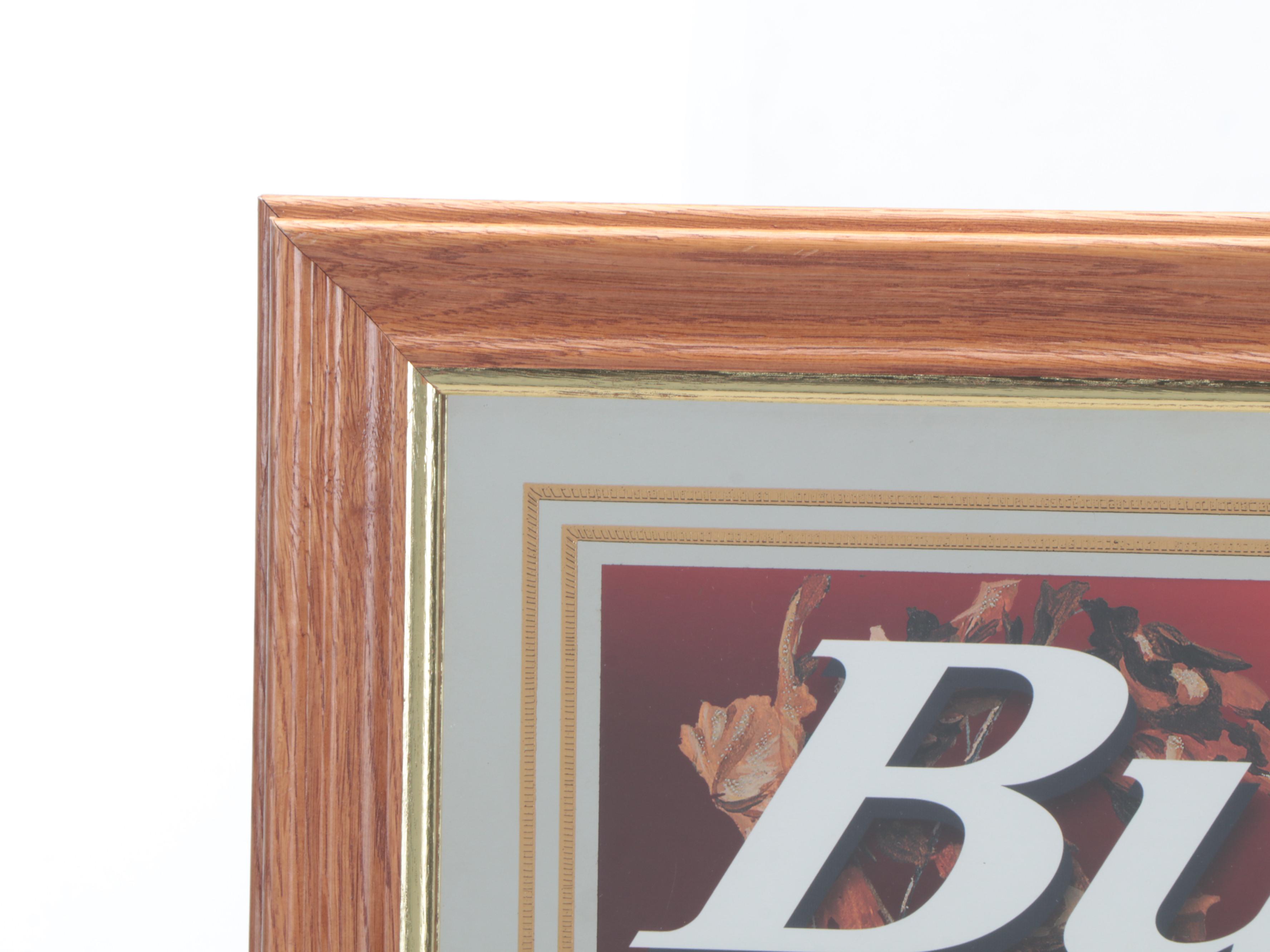 Budweiser Quail Offset Lithograph Bar Mirror in Oak Frame, Vintage