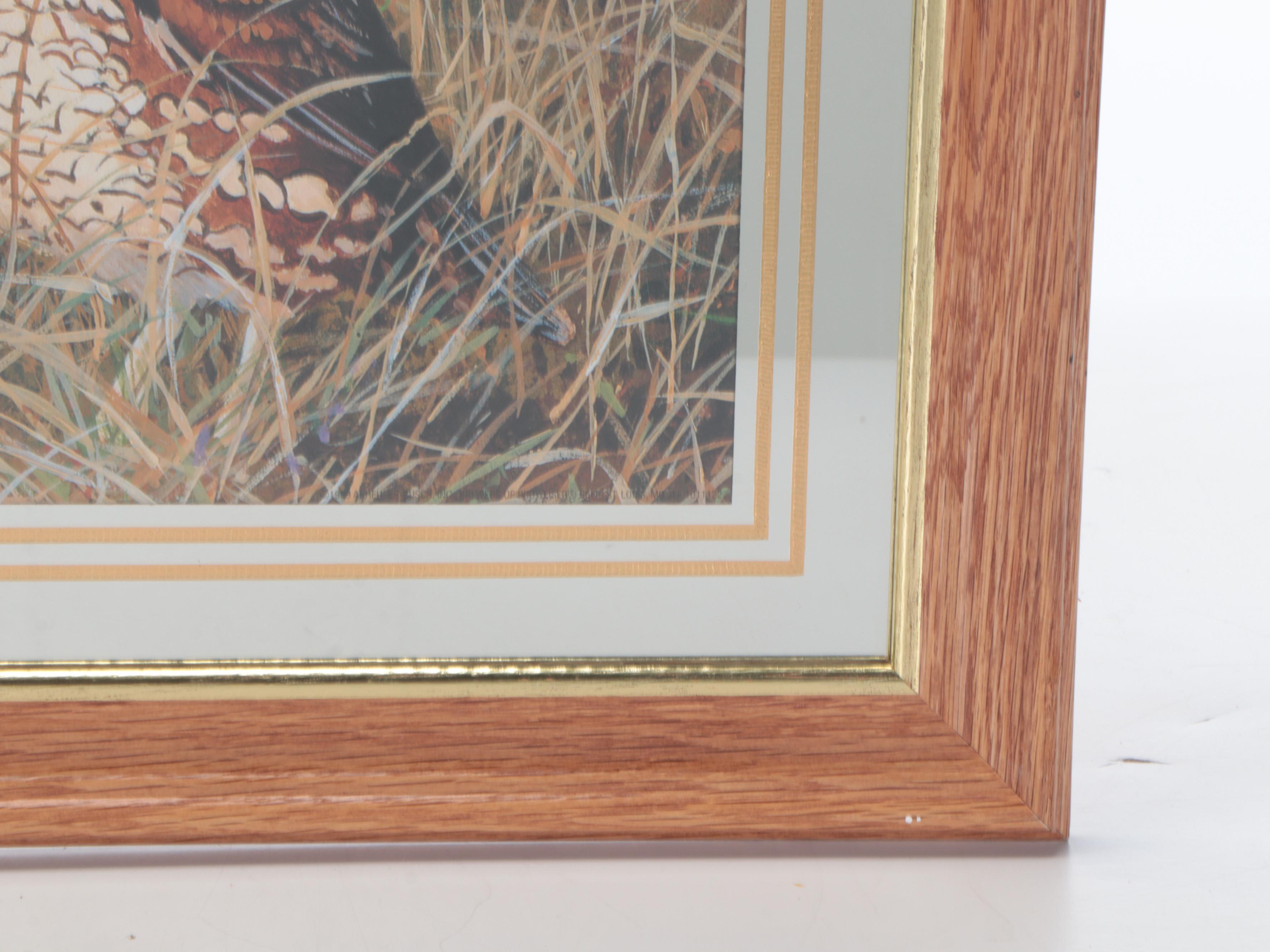 Budweiser Quail Offset Lithograph Bar Mirror in Oak Frame, Vintage