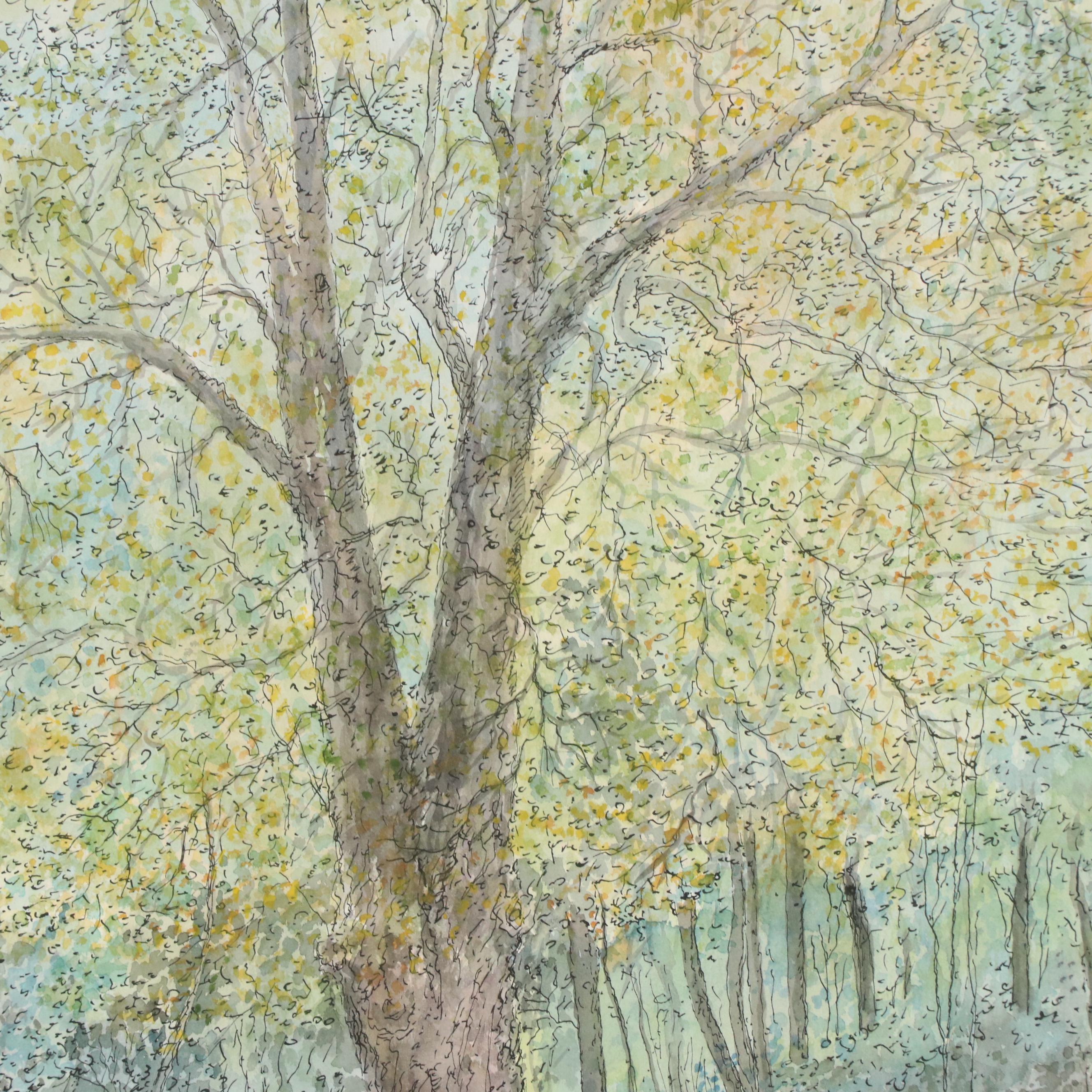 Ink and Watercolor Painting of Tree in Landscape