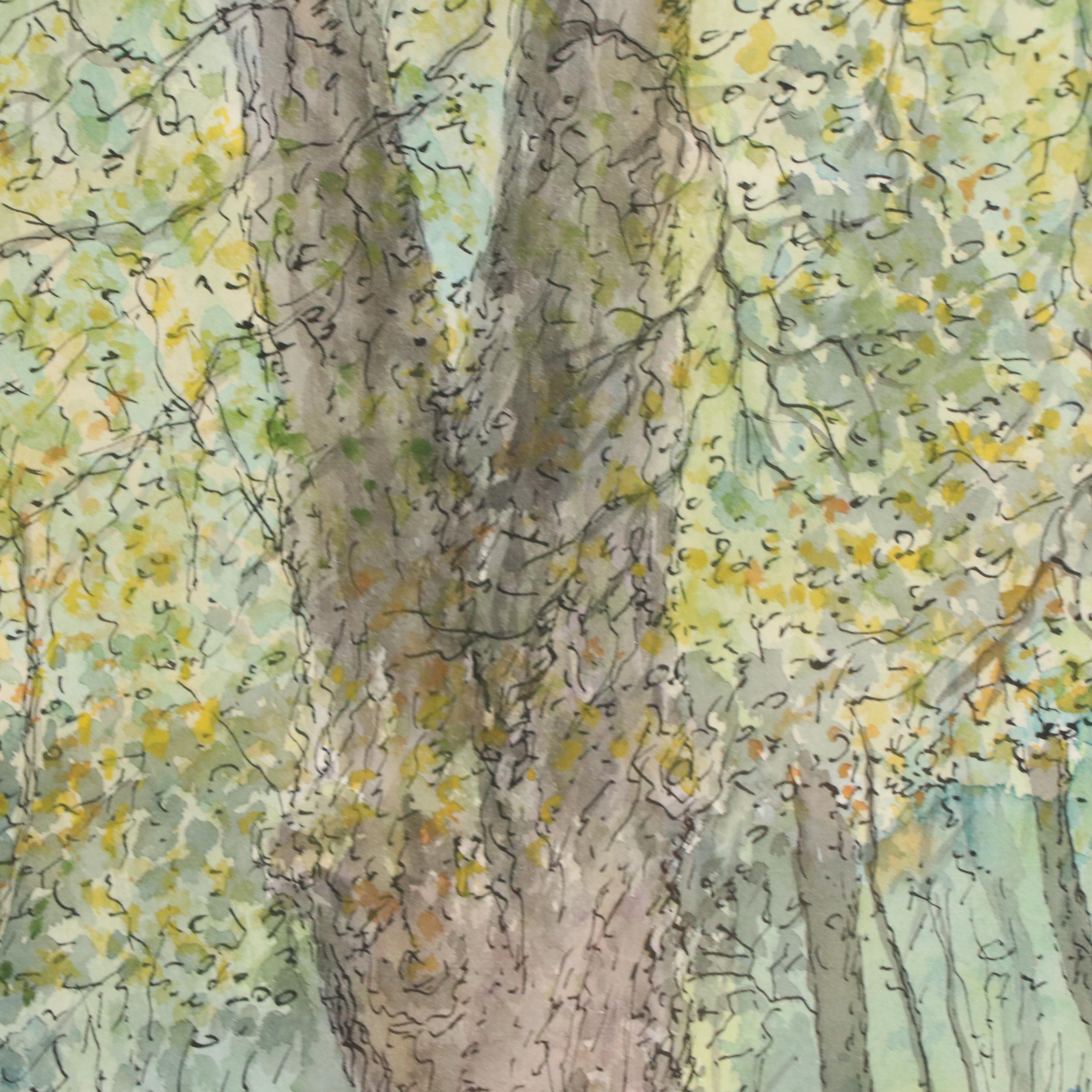 Ink and Watercolor Painting of Tree in Landscape