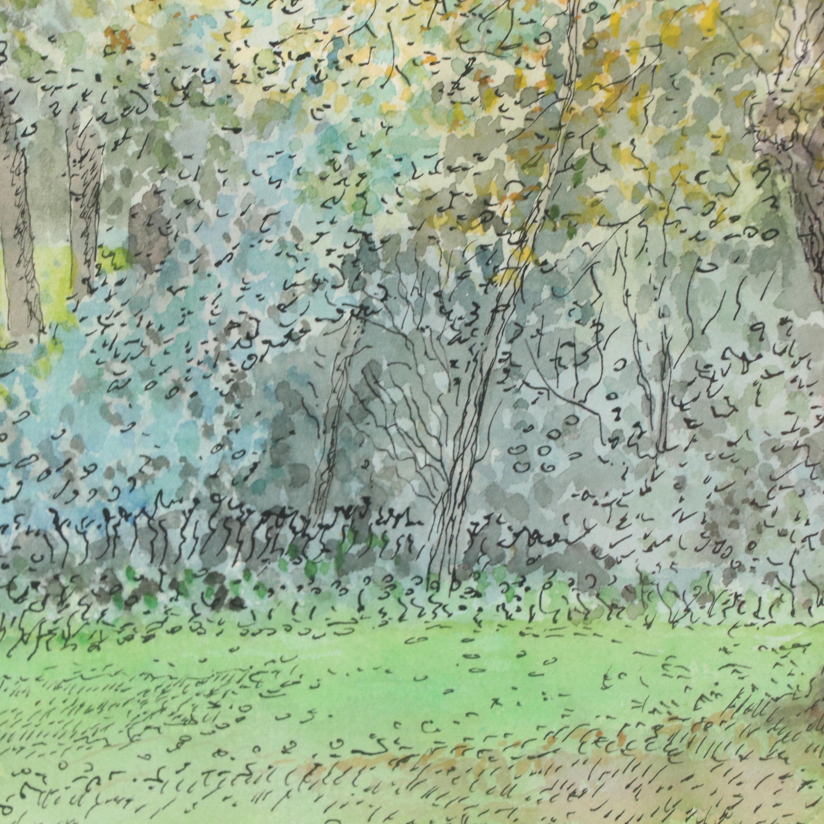 Ink and Watercolor Painting of Tree in Landscape