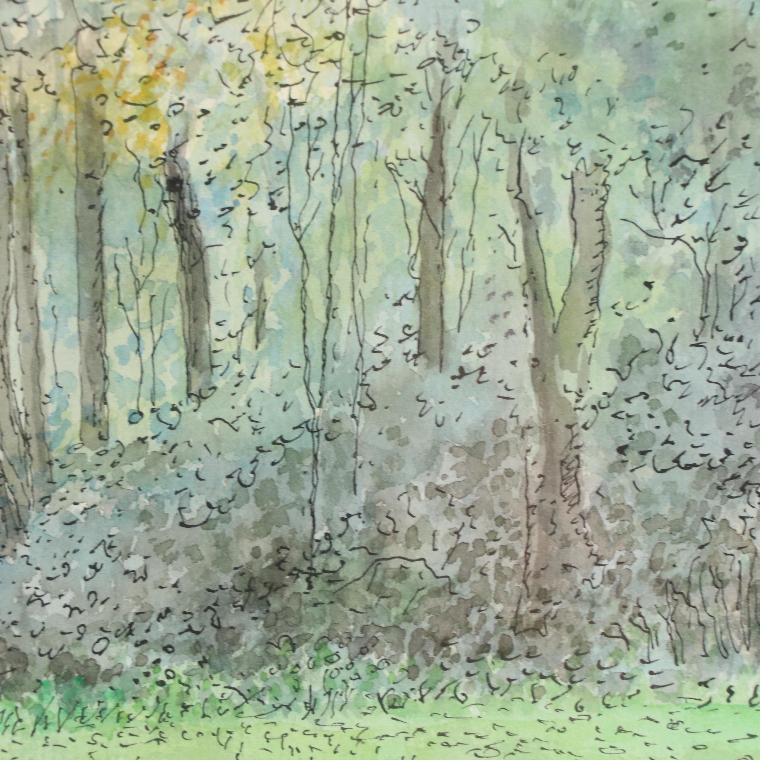 Ink and Watercolor Painting of Tree in Landscape